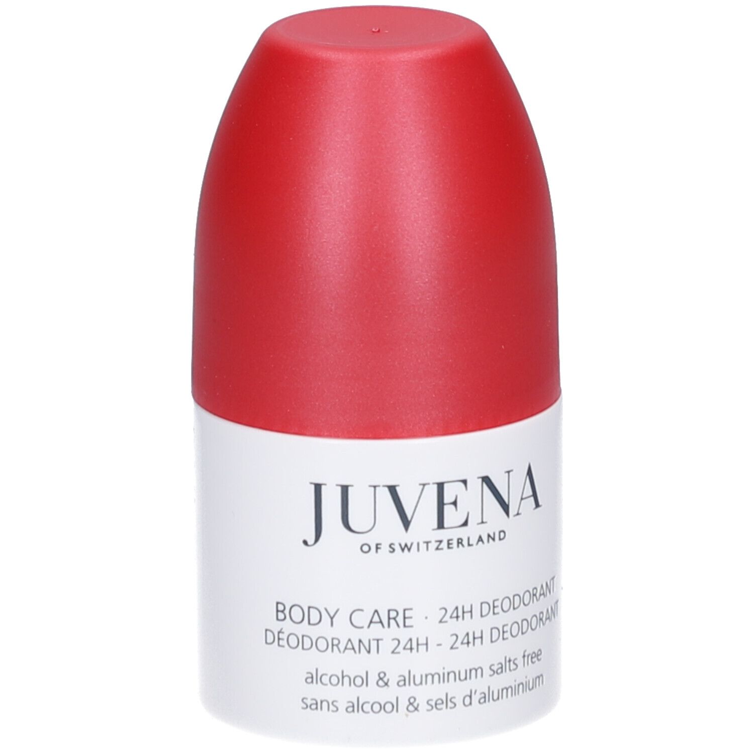 Roll-on déodorant et emballage. Bouchon rouge, étiquette blanche. Juvena, Body Care, 24h Deodorant.