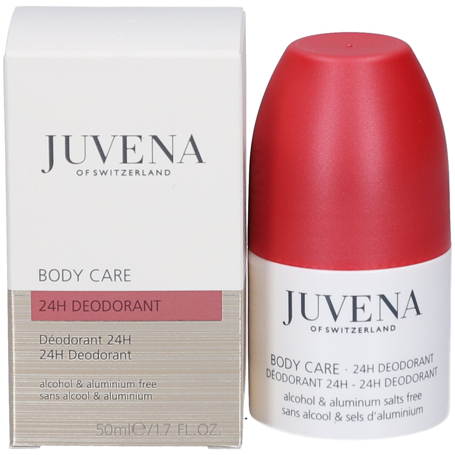 Emballage avec texte: Juvena, Body Care, 24h Deodorant. Blanc avec accents roses. 50ml.