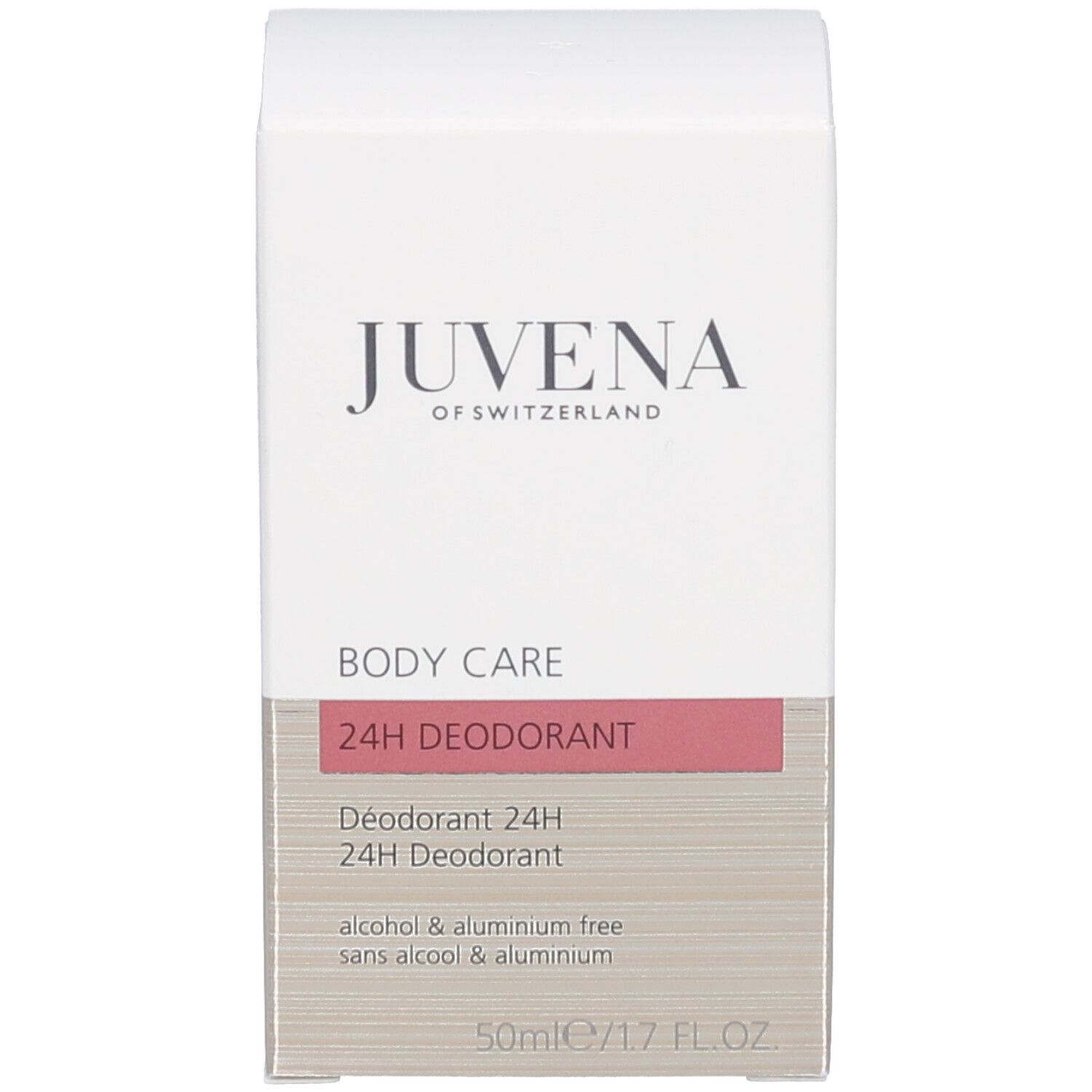 Roll-on déodorant avec bouchon rouge. Étiquette blanche avec texte: Juvena, Body Care, 24h Deodorant.