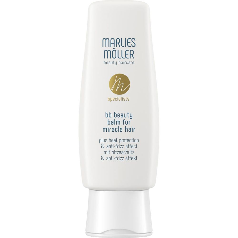Witte flacon met producttekst. Merk: Marlies Möller. Tekst: bb beauty balm for miracle hair. Met hittebescherming & anti-frizz.