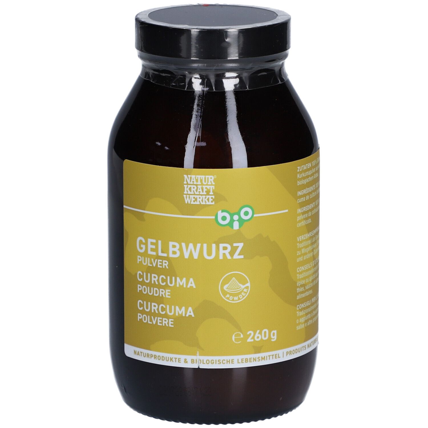 Flacon en verre brun avec étiquette jaune. Inscription : Gelbwurz Pulver, Curcuma Poudre, Curcuma Polvere. Label bio et e 260g.