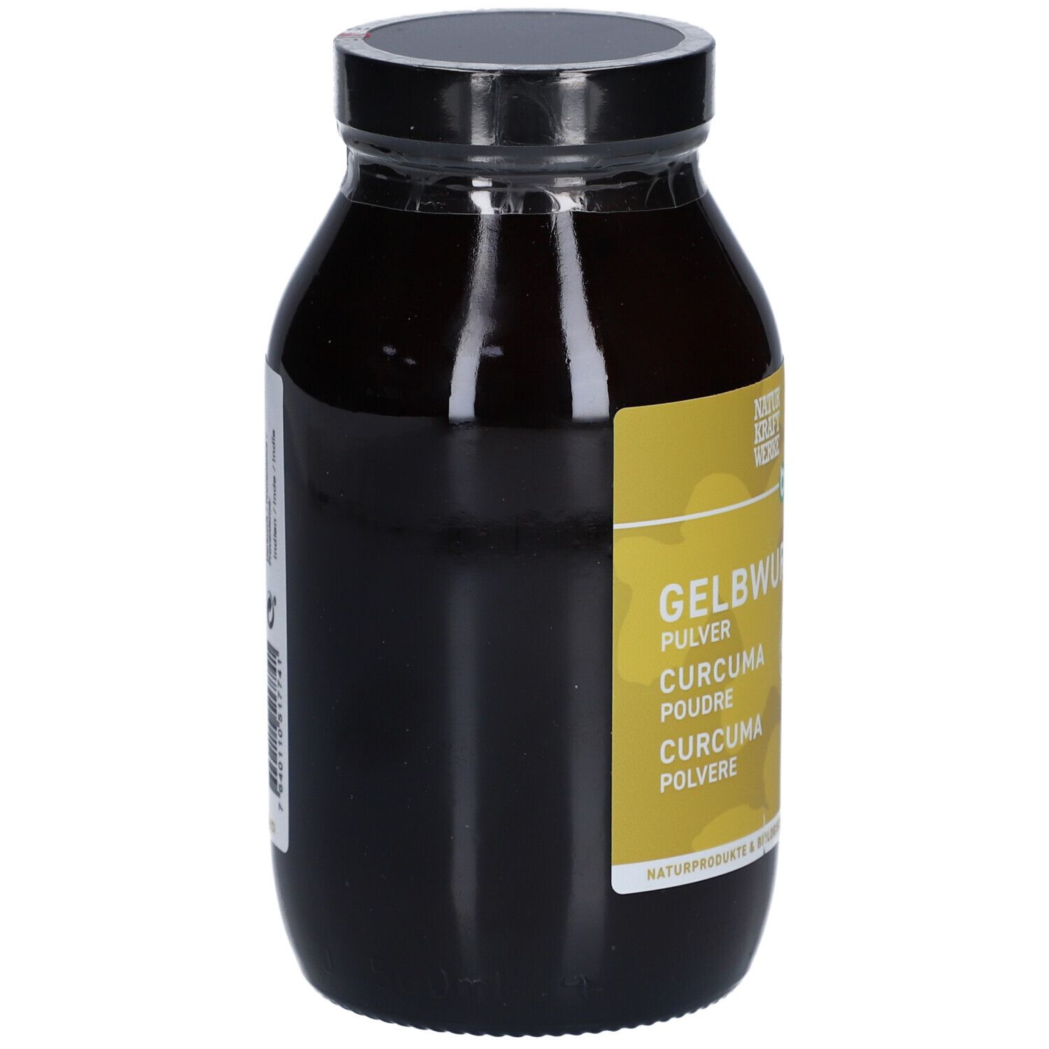 Flacon en verre brun avec bouchon noir. Étiquette jaune avec inscription : Gelbwurz Pulver, Curcuma Poudre, Curcuma Polvere.