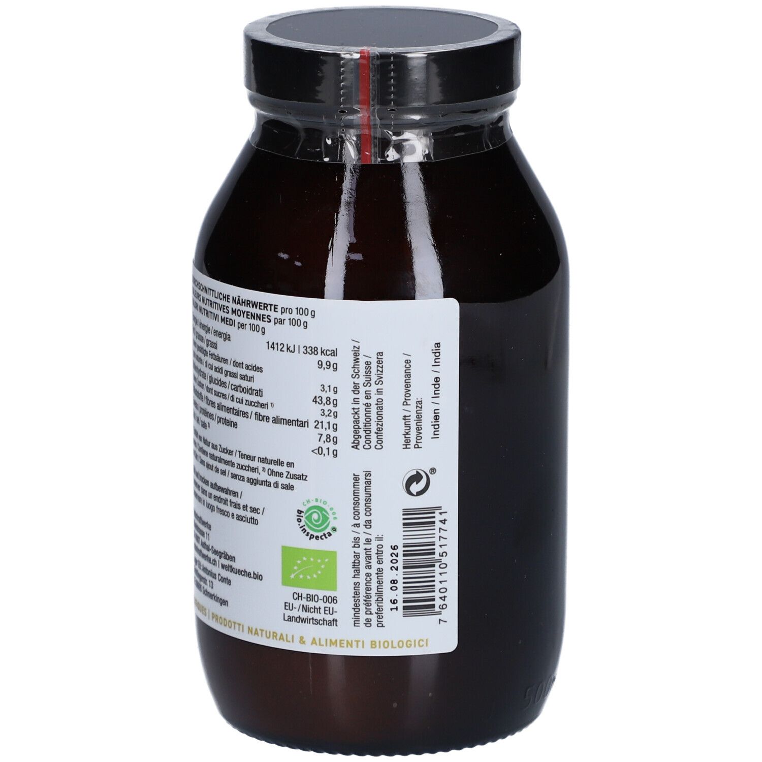 Flacon en verre brun, dos avec étiquette. Informations sur les valeurs nutritionnelles, ingrédients, origine et date limite.