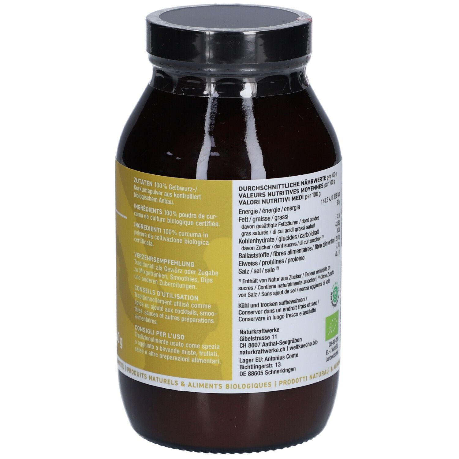 Flacon en verre brun, dos avec étiquette. Informations sur les valeurs nutritionnelles, ingrédients, origine et date limite.
