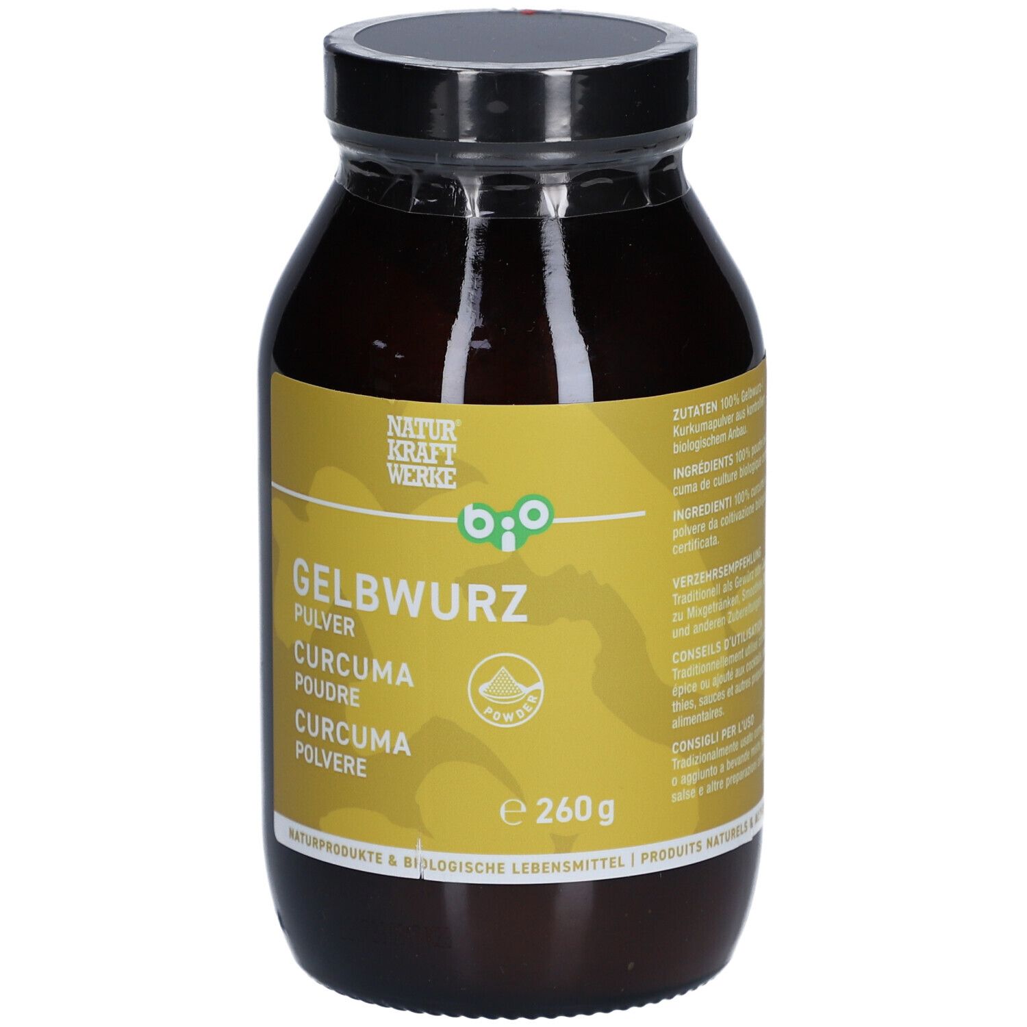 Flacon en verre brun avec étiquette jaune. Inscription : Gelbwurz Pulver, Curcuma Poudre, Curcuma Polvere. Label bio.