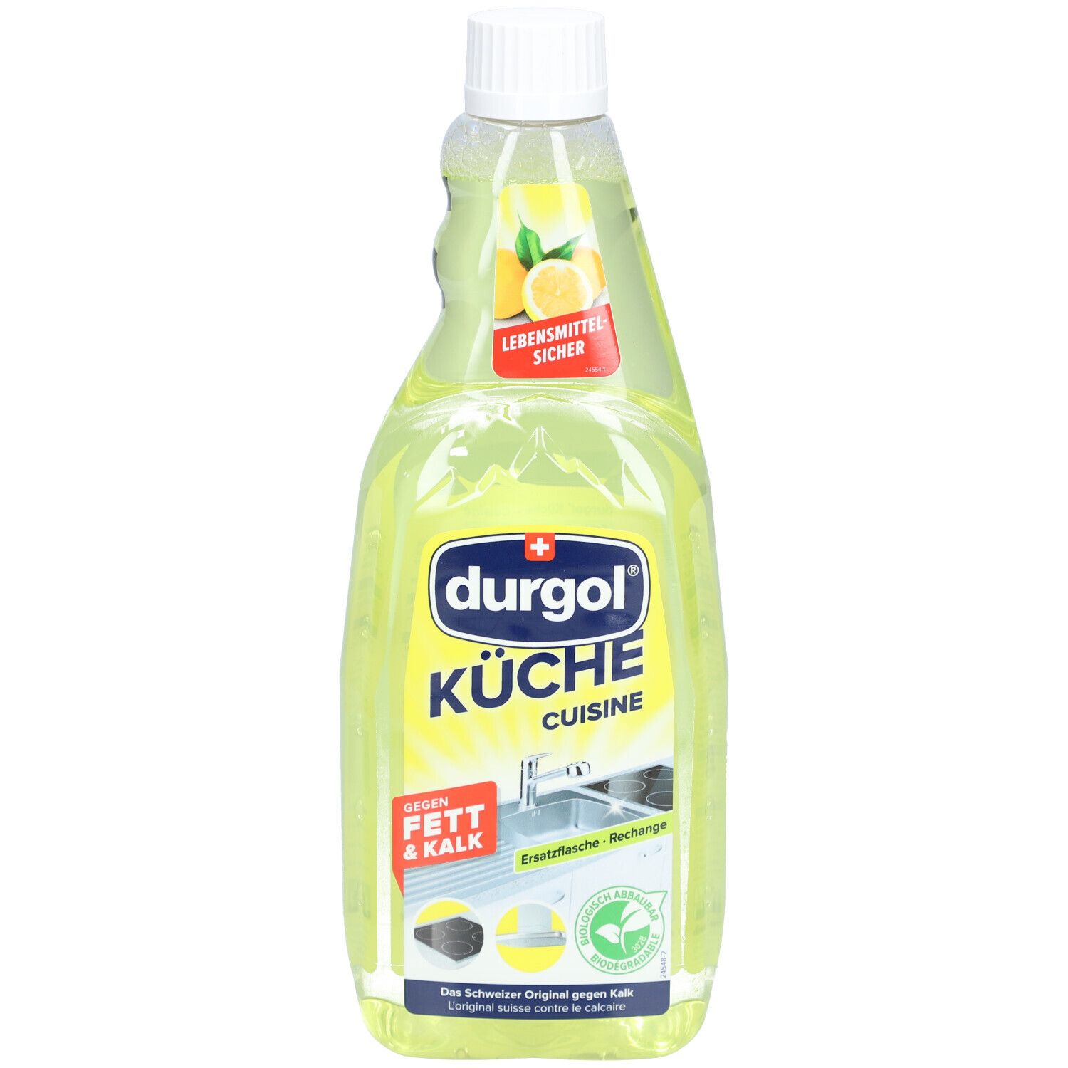 Flacon jaune avec bouchon blanc. Inscription : durgol KÜCHE. Contre la graisse et le calcaire. Sans danger alimentaire.