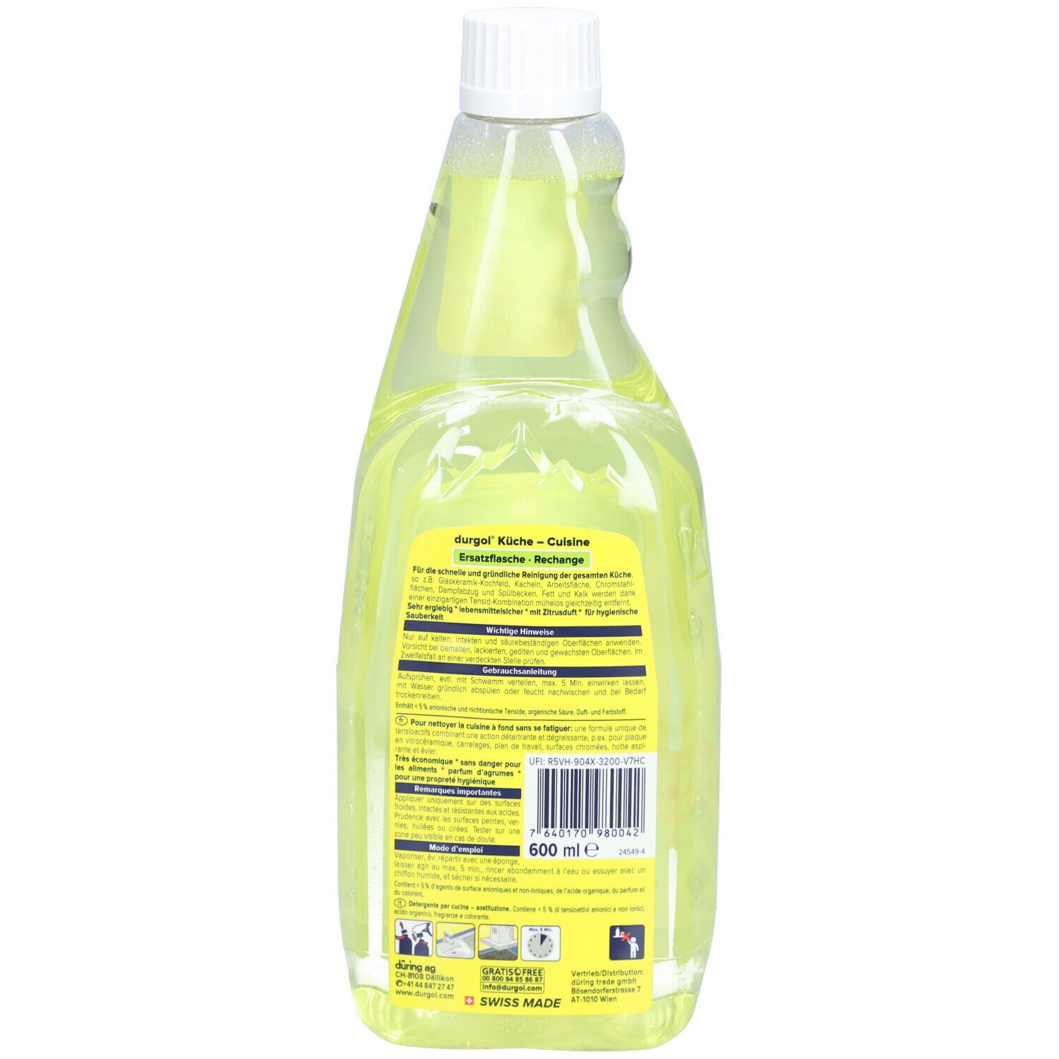 Dos du flacon jaune. Inscription : durgol KÜCHE. 600 ml. Fabriqué en Suisse.