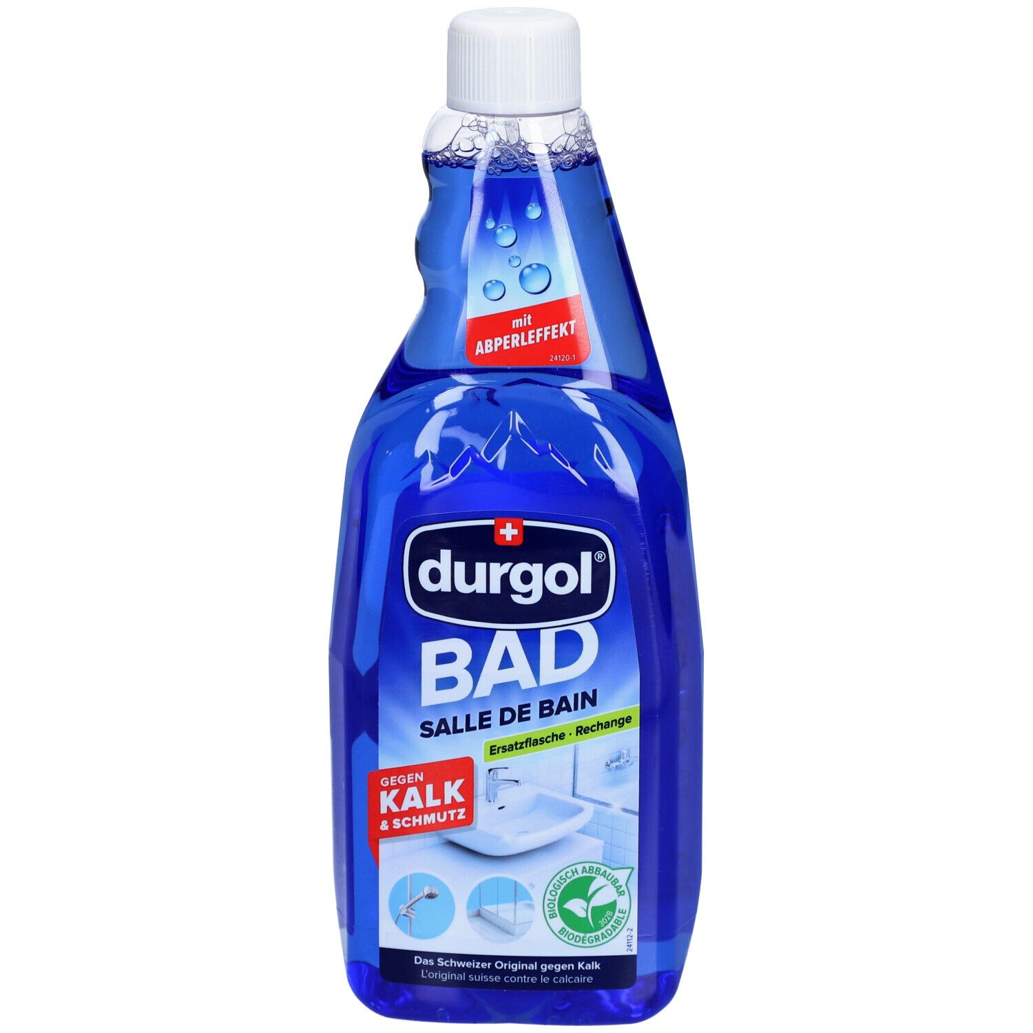 Blauwe fles met witte dop. Opschrift: durgol BAD, Salle de Bain, tegen kalk & vuil. Met pareleffect.