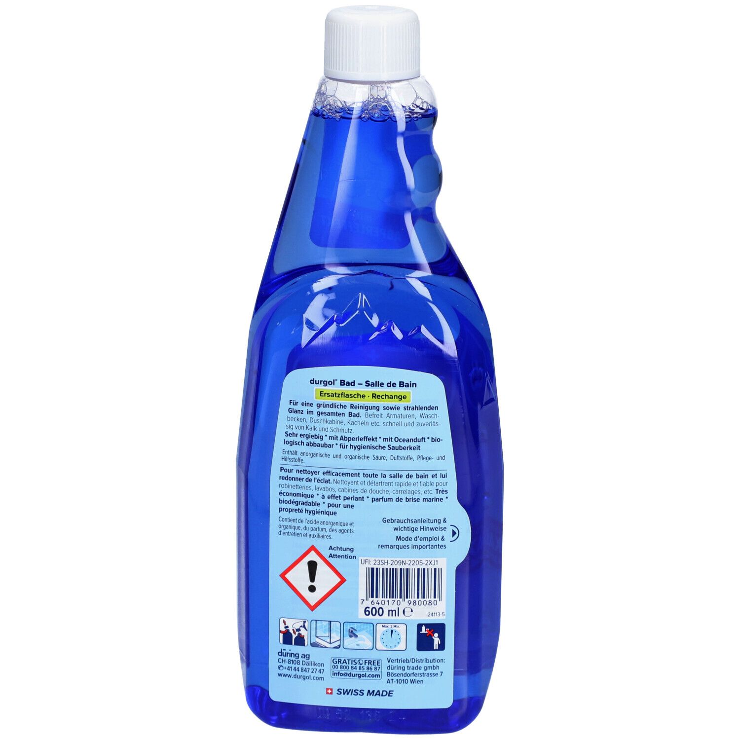 Achterkant van de blauwe fles met witte dop. Tekstinformatie en waarschuwingen. Opschrift: durgol BAD.