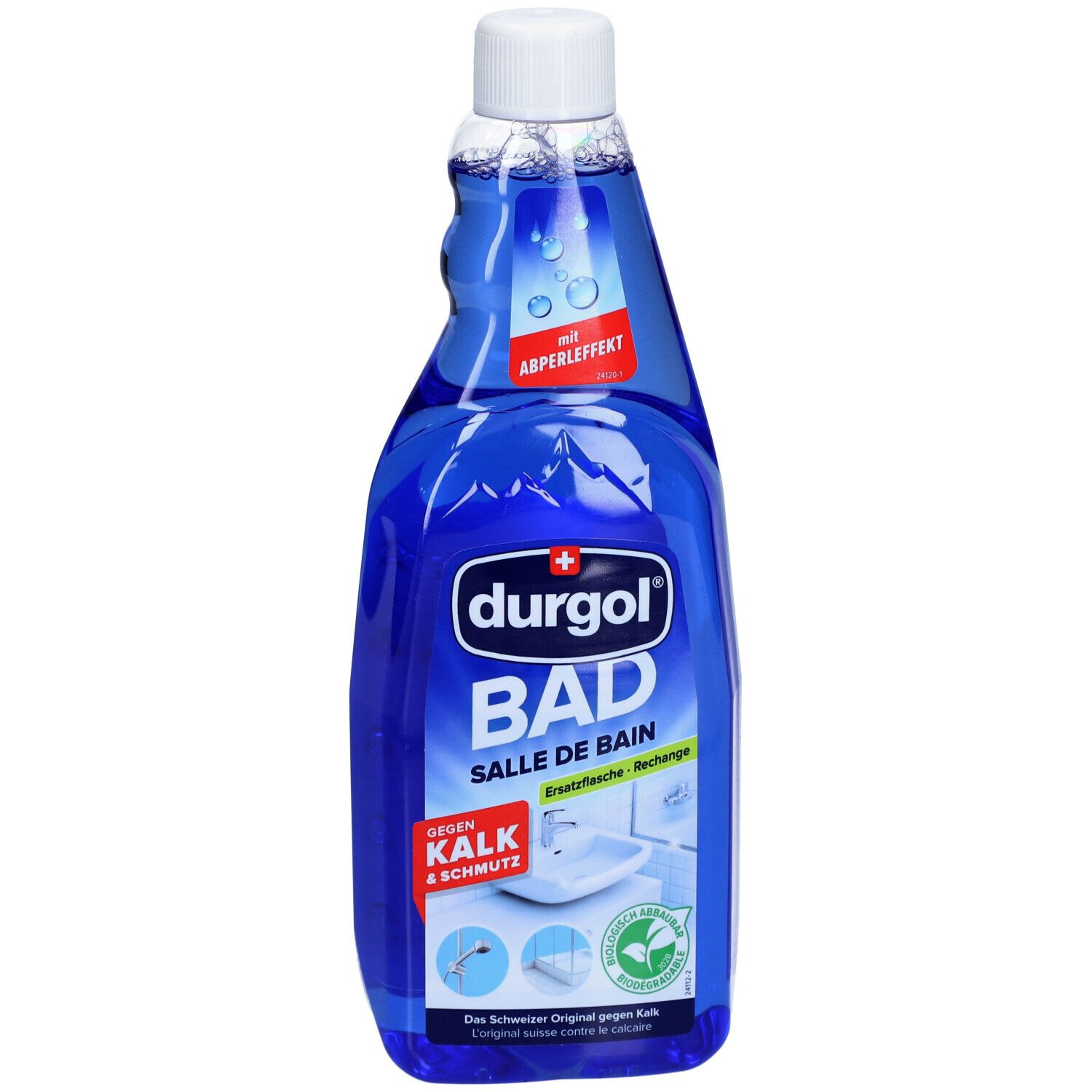 Blauwe fles met witte dop. Opschrift: durgol BAD, Salle de Bain, tegen kalk & vuil. Met pareleffect.