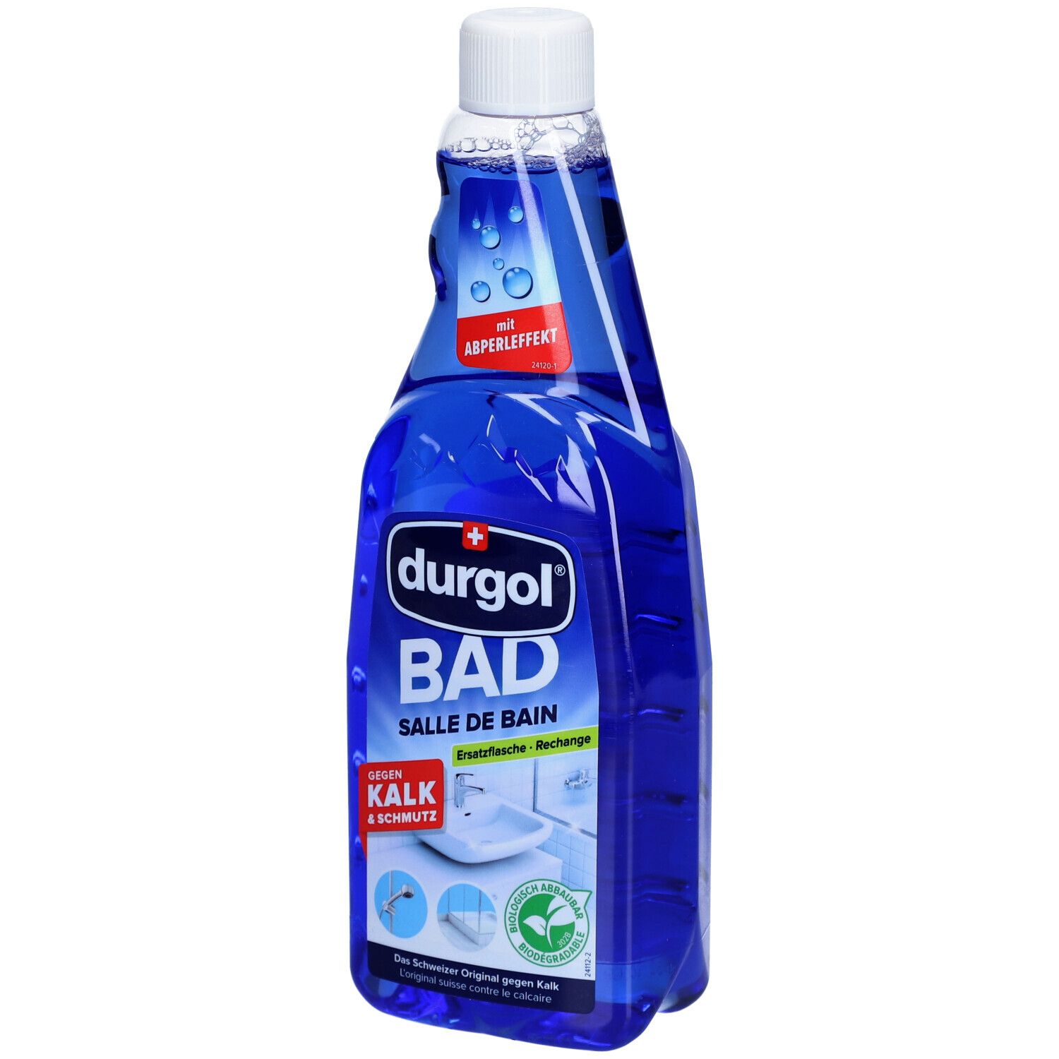 Blauwe fles met witte dop. Opschrift: durgol BAD, Salle de Bain, tegen kalk & vuil. Met pareleffect.