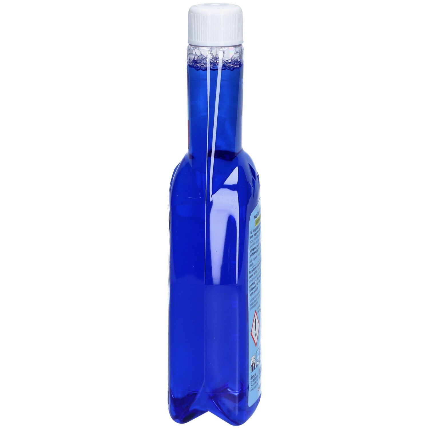 Blauwe fles met witte dop, zijaanzicht. Opschrift: durgol BAD. Waarschuwingen.