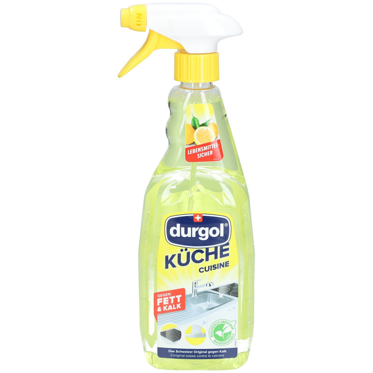 Flacon de Durgol Küche. Bouteille transparente avec vaporisateur jaune. Étiquette avec nom du produit, citron et texte 'Lebensmittelsicher'.