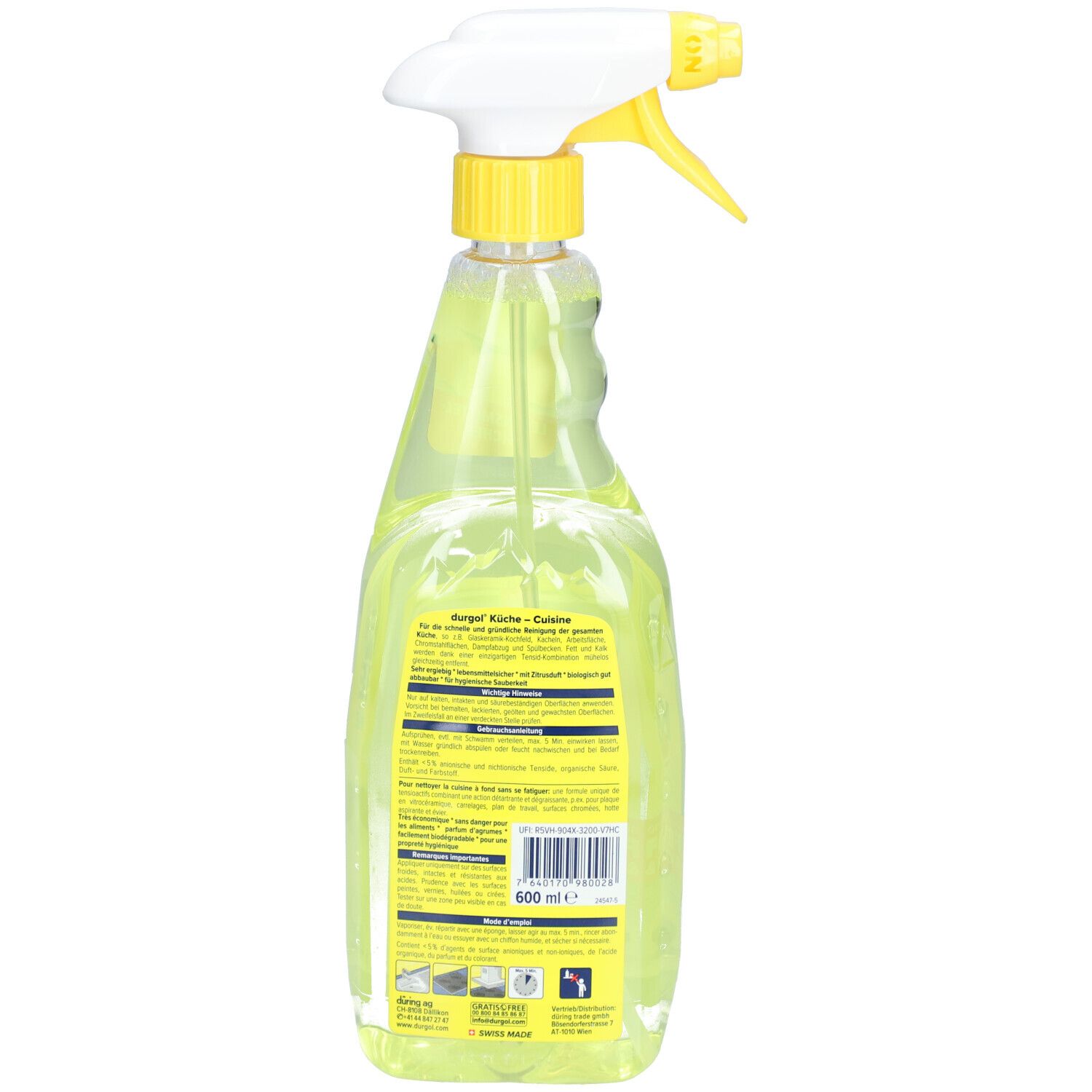 Dos du flacon de Durgol Küche. Bouteille transparente avec étiquette jaune et texte. Contient des informations et un code-barres.