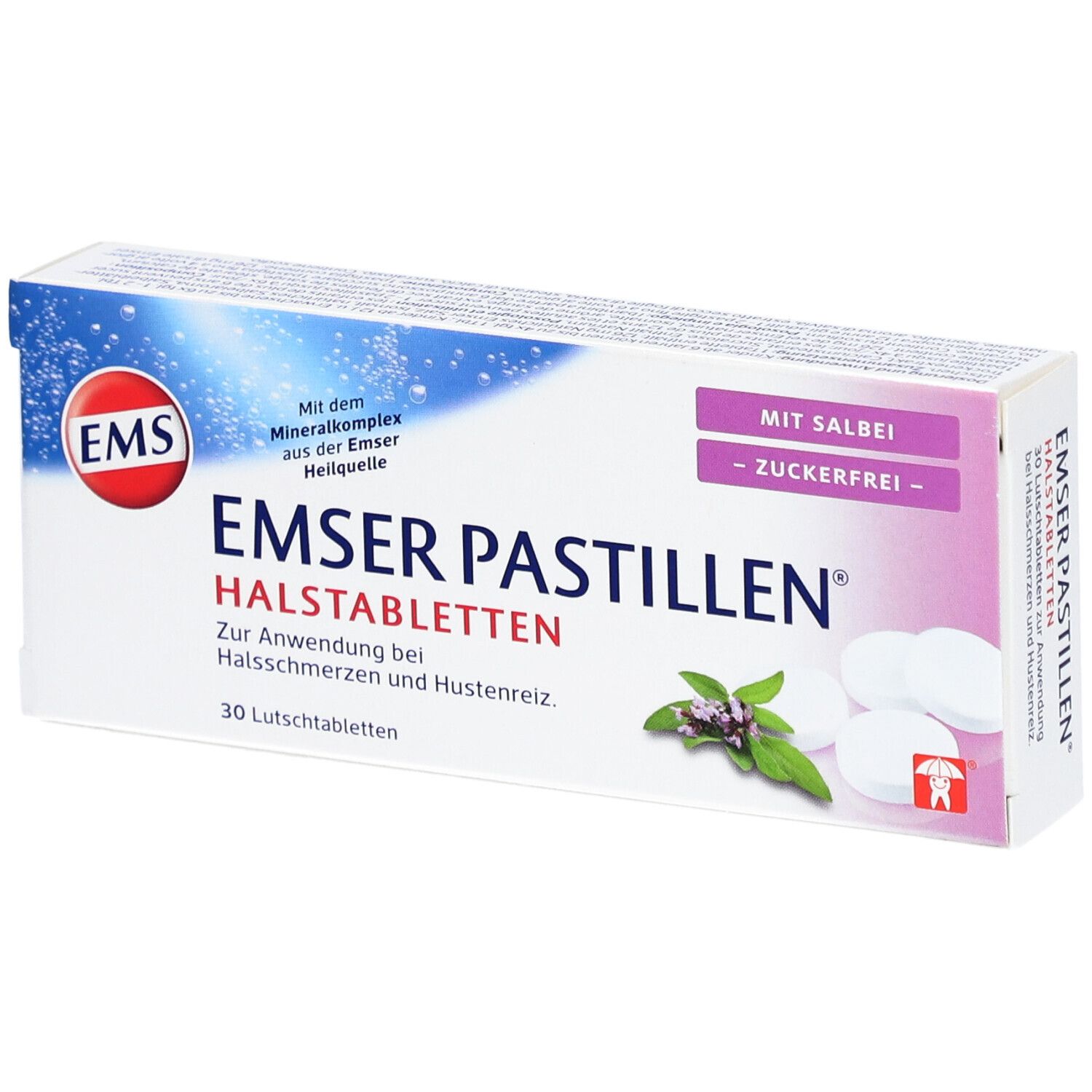 Boîte de pastilles Emser sans sucre à la sauge. 30 pastilles. Logo EMS. Pastilles blanches et herbes représentées.