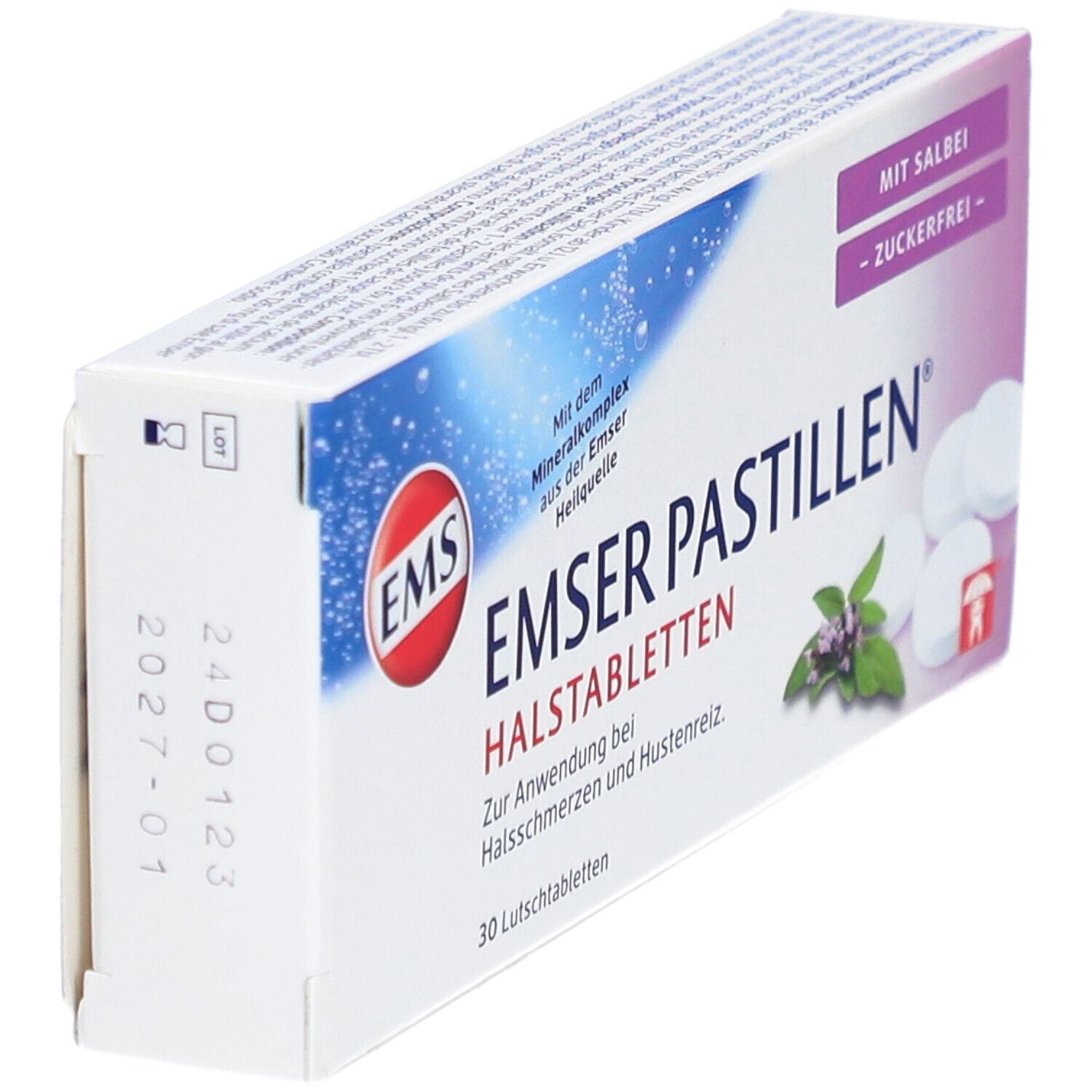 Boîte de pastilles Emser sans sucre à la sauge. 30 pastilles. Logo EMS. Vue latérale. Date d'expiration.