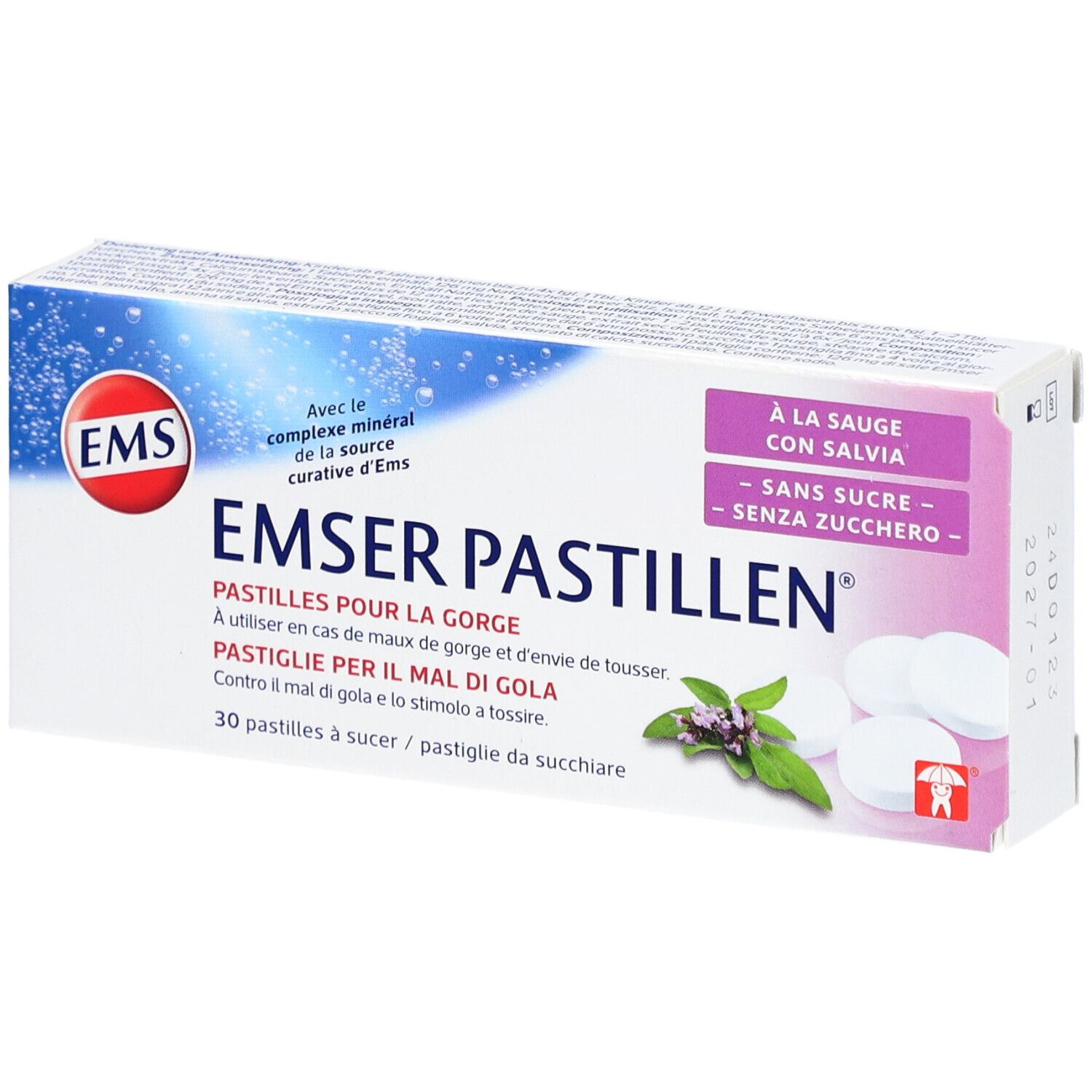 Boîte de pastilles Emser sans sucre à la sauge. 30 pastilles. Inscriptions multilingues. Logo EMS. Herbes et pastilles.