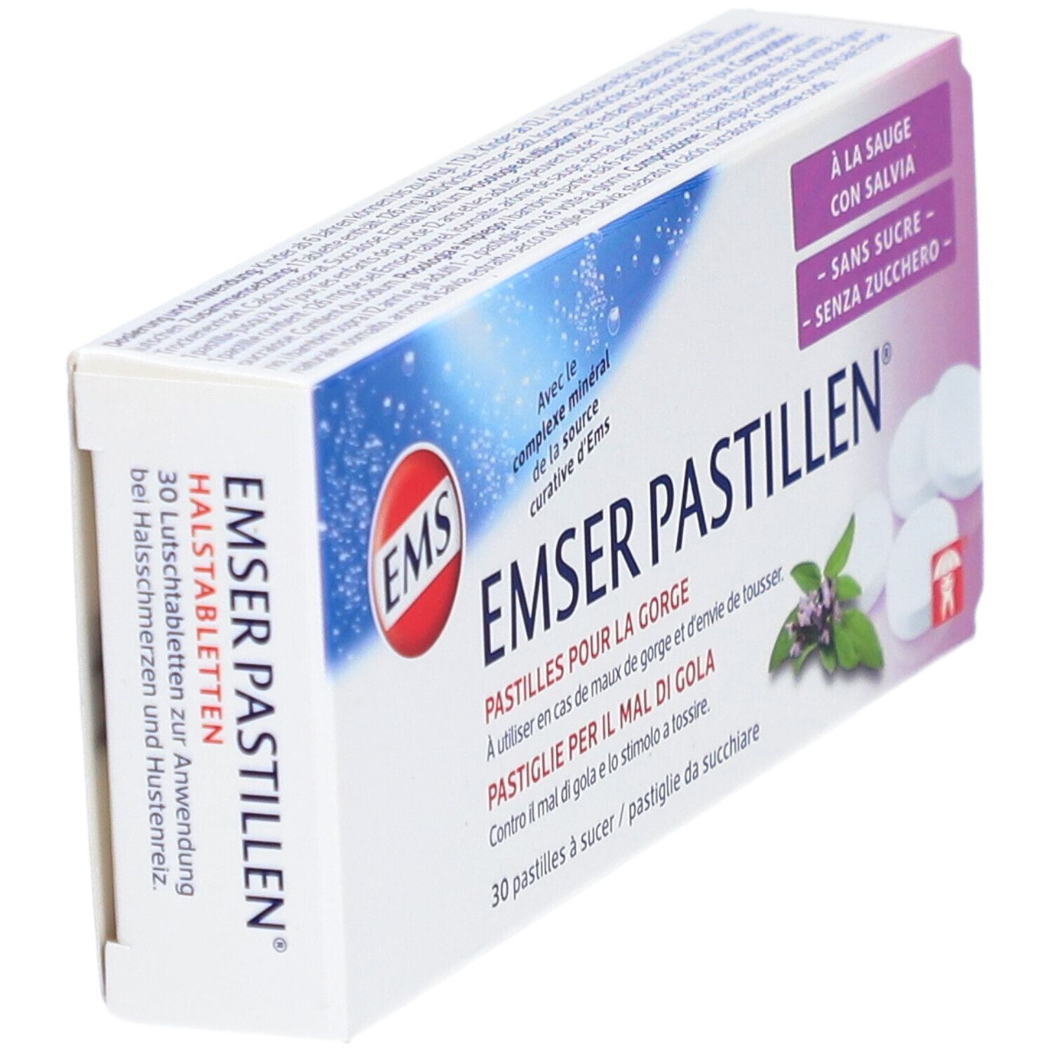 Boîte de pastilles Emser sans sucre à la sauge. 30 pastilles. Inscriptions multilingues. Logo EMS. Herbes et pastilles.