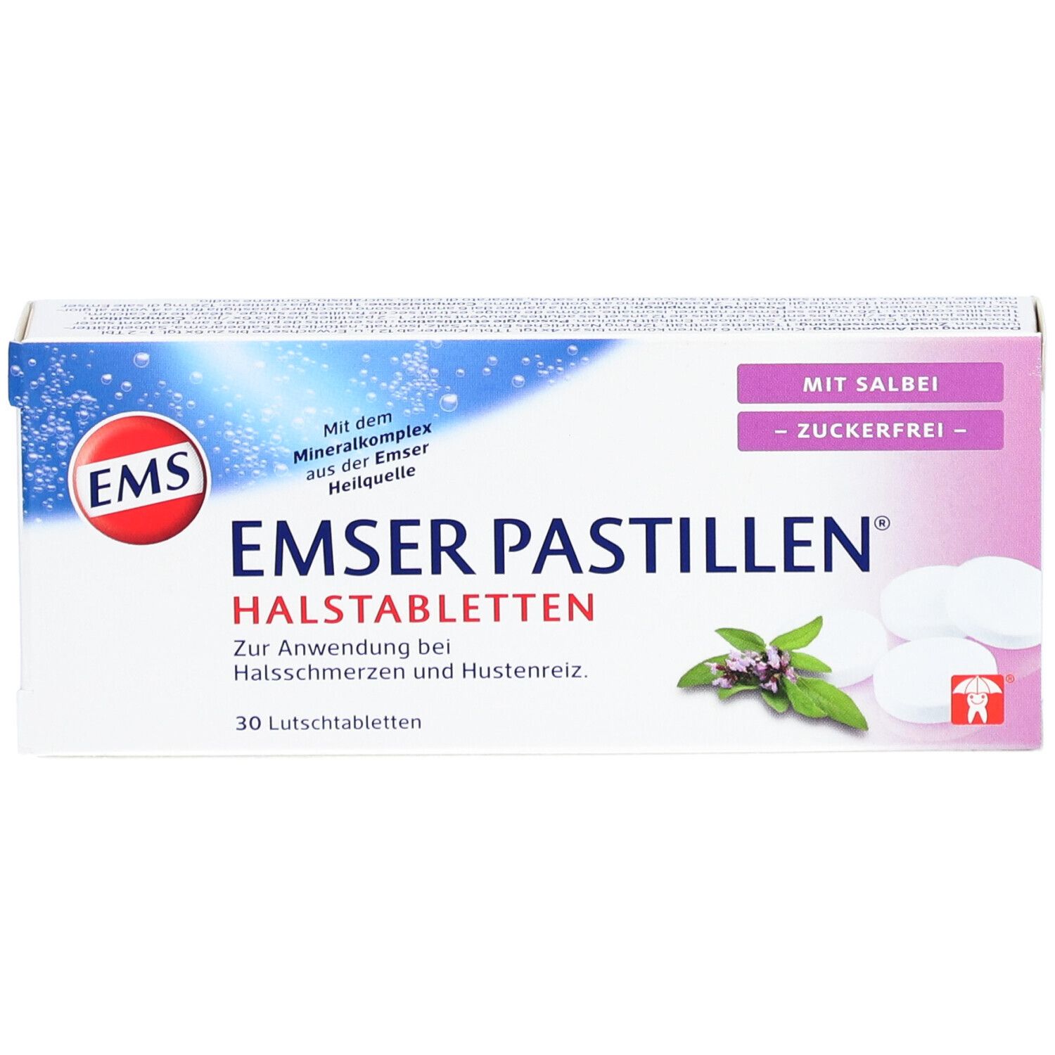 Boîte de pastilles Emser sans sucre à la sauge. 30 pastilles. Logo EMS. Pastilles blanches et herbes représentées.