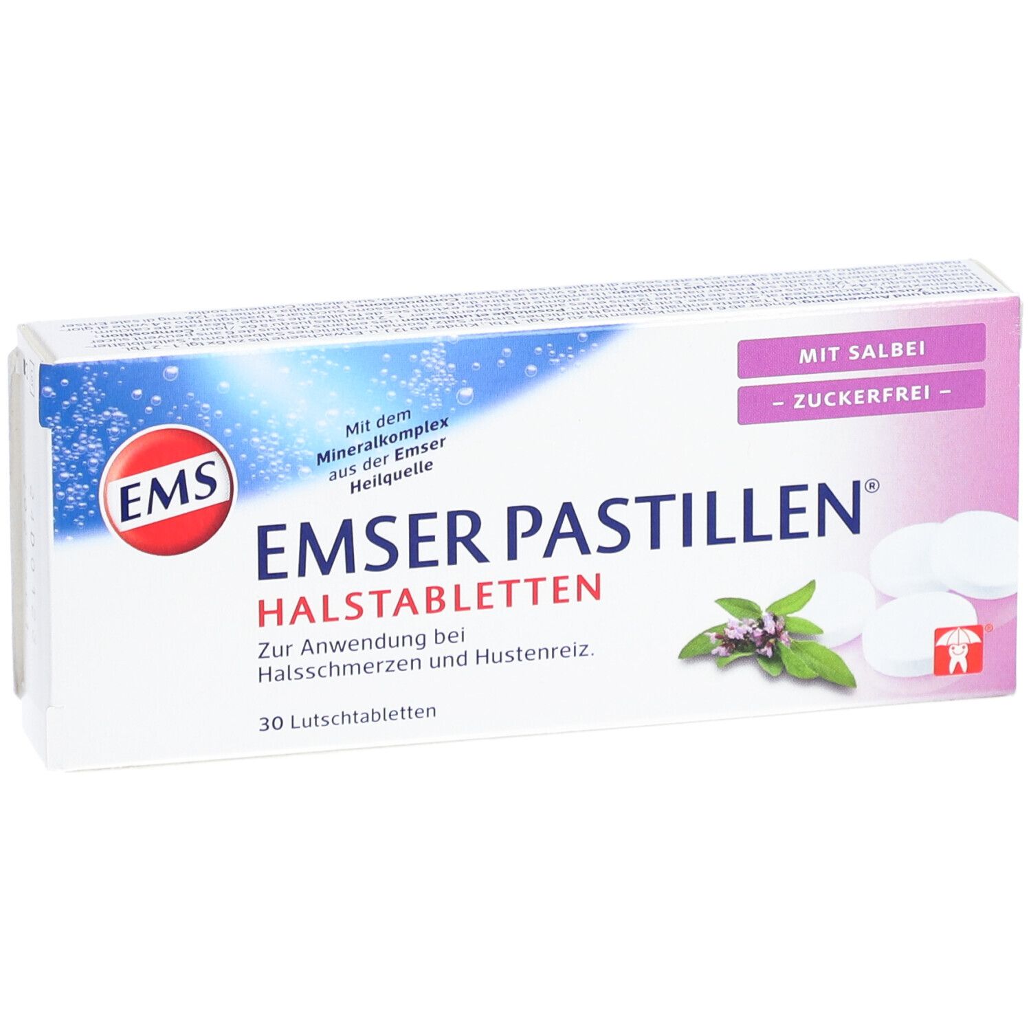 Boîte de pastilles Emser sans sucre à la sauge. 30 pastilles. Logo EMS. Pastilles blanches et herbes représentées.