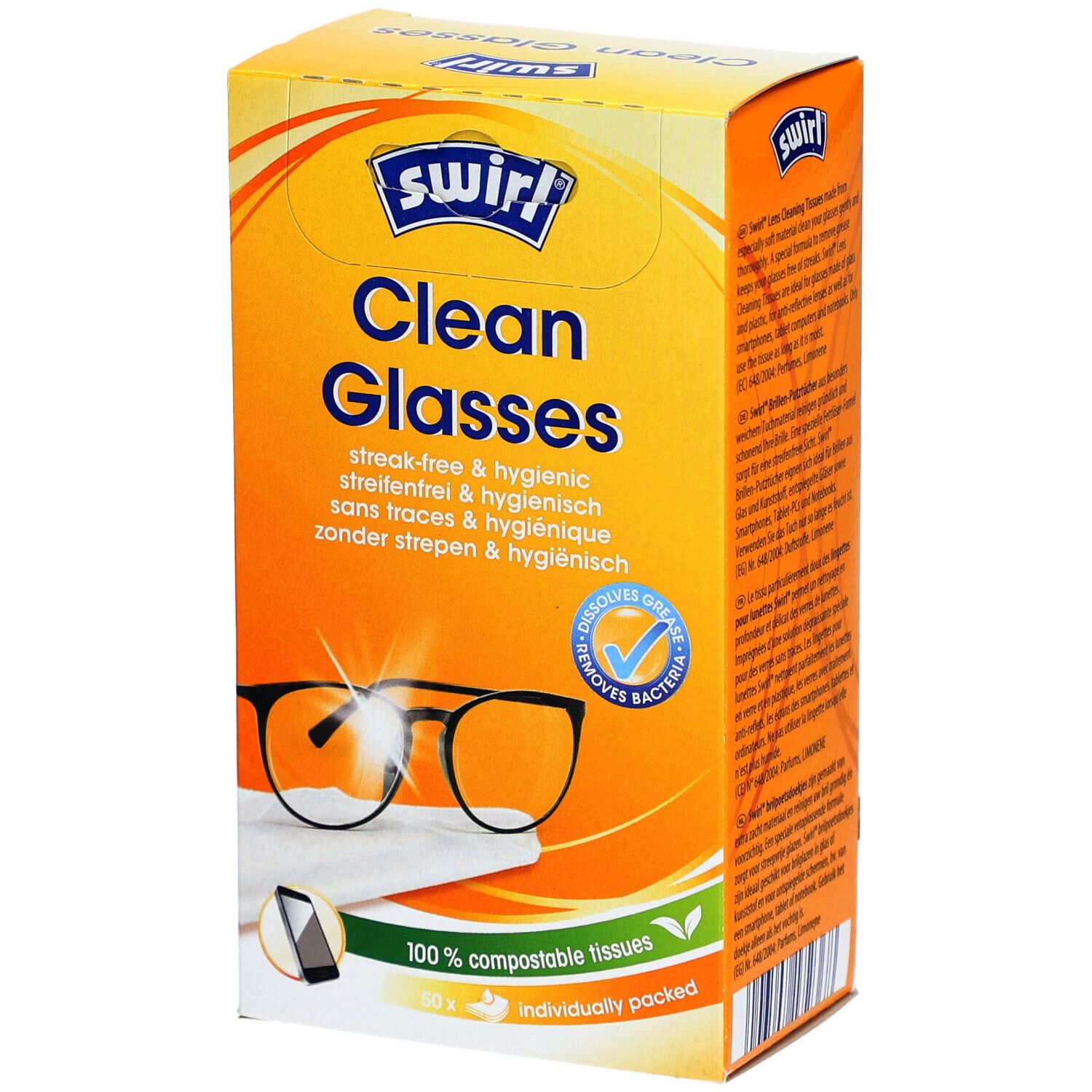 Verpakking van SWIRL® Clean Glasses. Oranje doos met productnaam en afbeelding van een bril. Bevat 100% composteerbare doekjes.