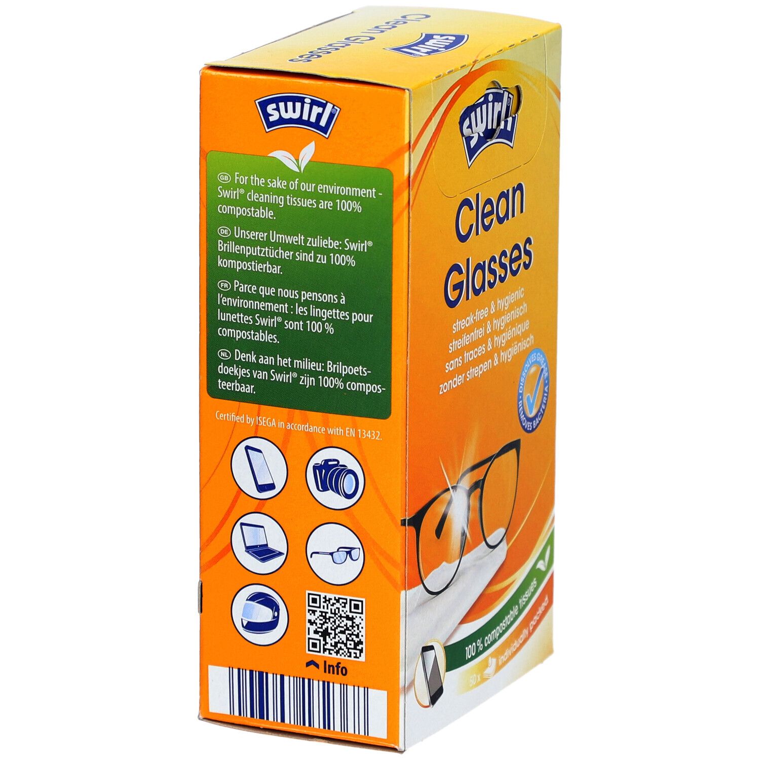 Zijaanzicht van de SWIRL® Clean Glasses verpakking. Tekst over milieuvriendelijkheid en logo's. Bevat pictogrammen voor verschillende apparaten.