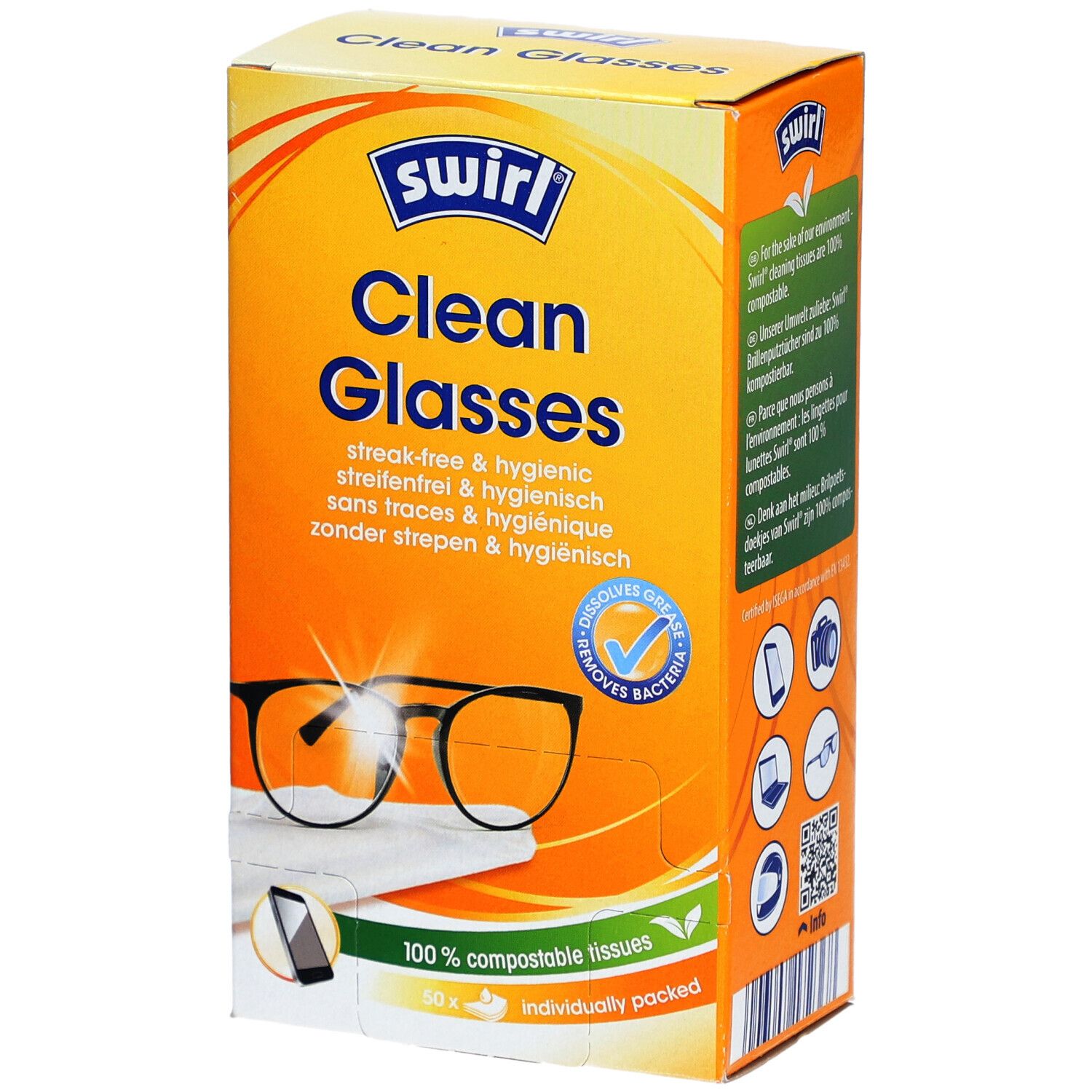 SWIRL® Clean Glasses verpakking. Oranje doos met productnaam en afbeelding van een bril. Bevat 100% composteerbare doekjes.