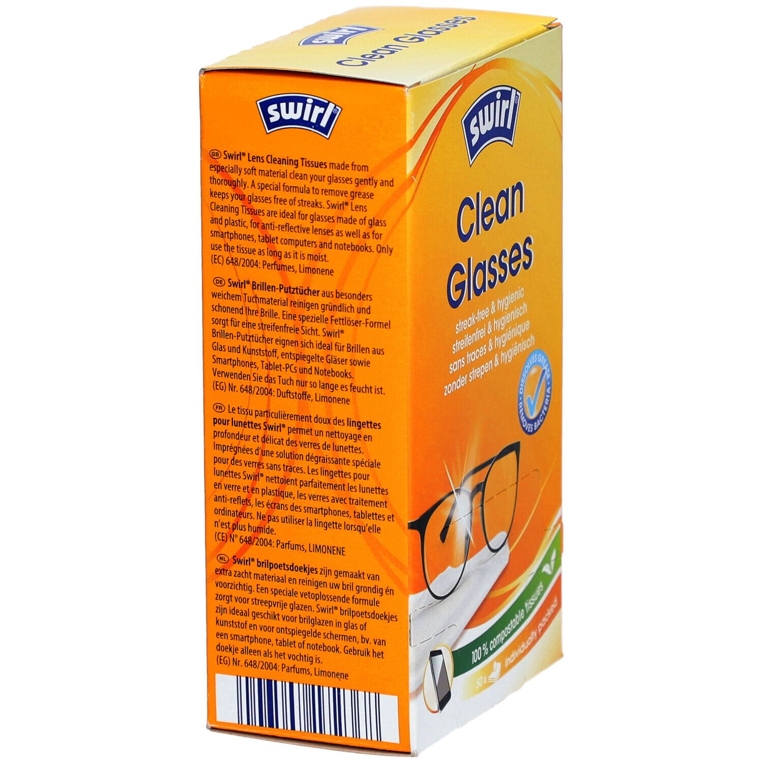 Zijaanzicht van de SWIRL® Clean Glasses verpakking. Tekst in meerdere talen. Bevat informatie over ingrediënten en gebruik.