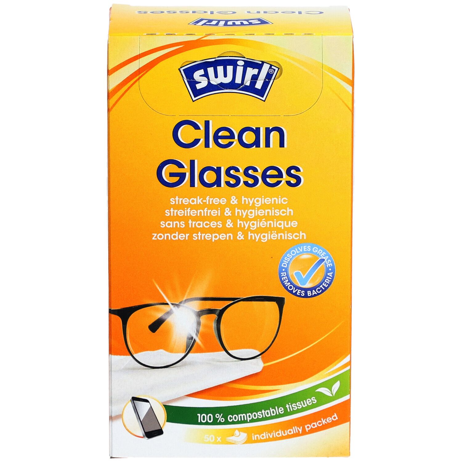 SWIRL® Clean Glasses verpakking. Oranje doos met productnaam en afbeelding van een bril. Bevat 100% composteerbare doekjes.