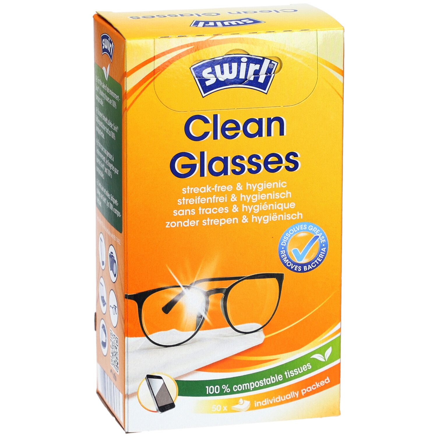 SWIRL® Clean Glasses verpakking. Oranje doos met productnaam en afbeelding van een bril. Bevat 100% composteerbare doekjes.