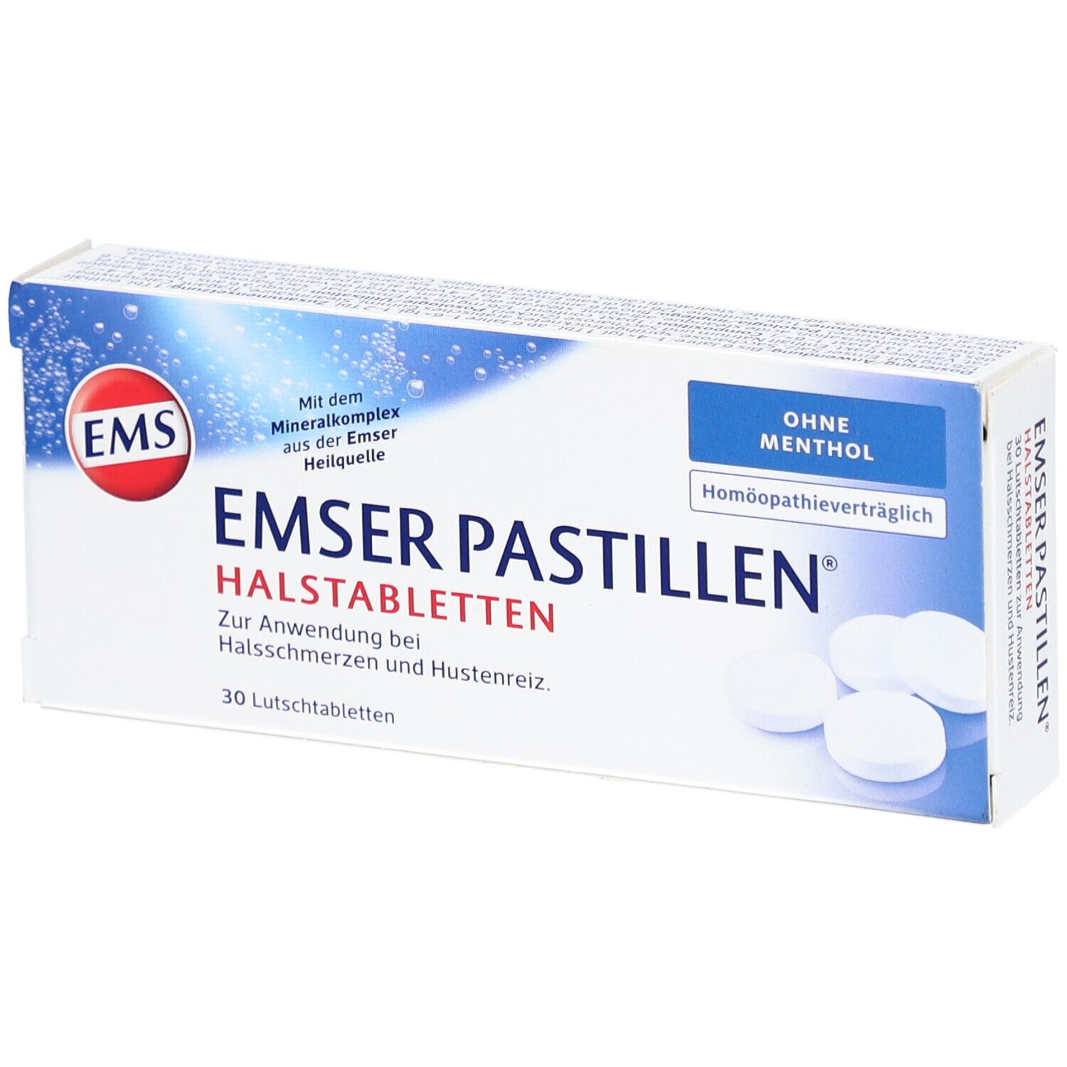 Doosje EMSER Pastillen. Opschrift: EMSER Pastillen Halstabletten, zonder menthol. 30 zuigtabletten.