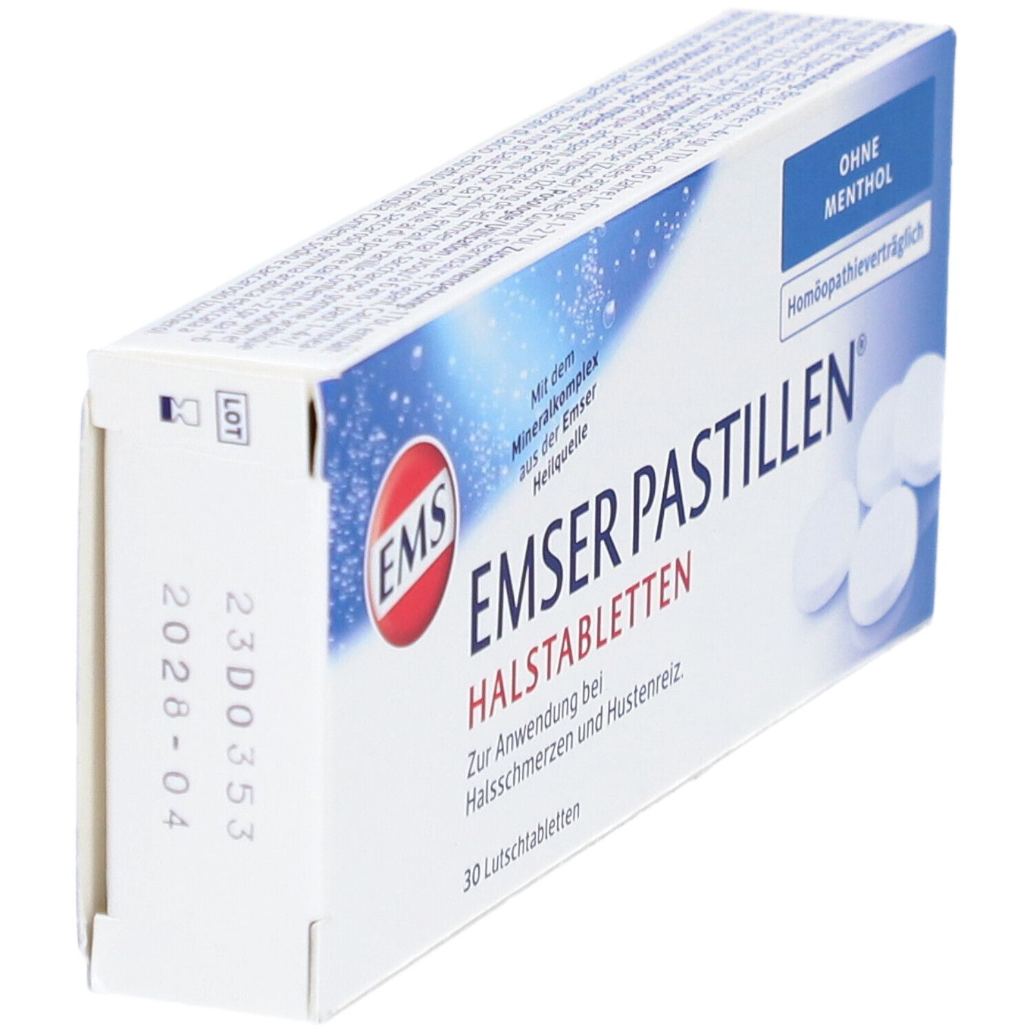 Doosje EMSER Pastillen, zijaanzicht. Opschrift: EMSER Pastillen Halstabletten, zonder menthol. THT: 2028-04.