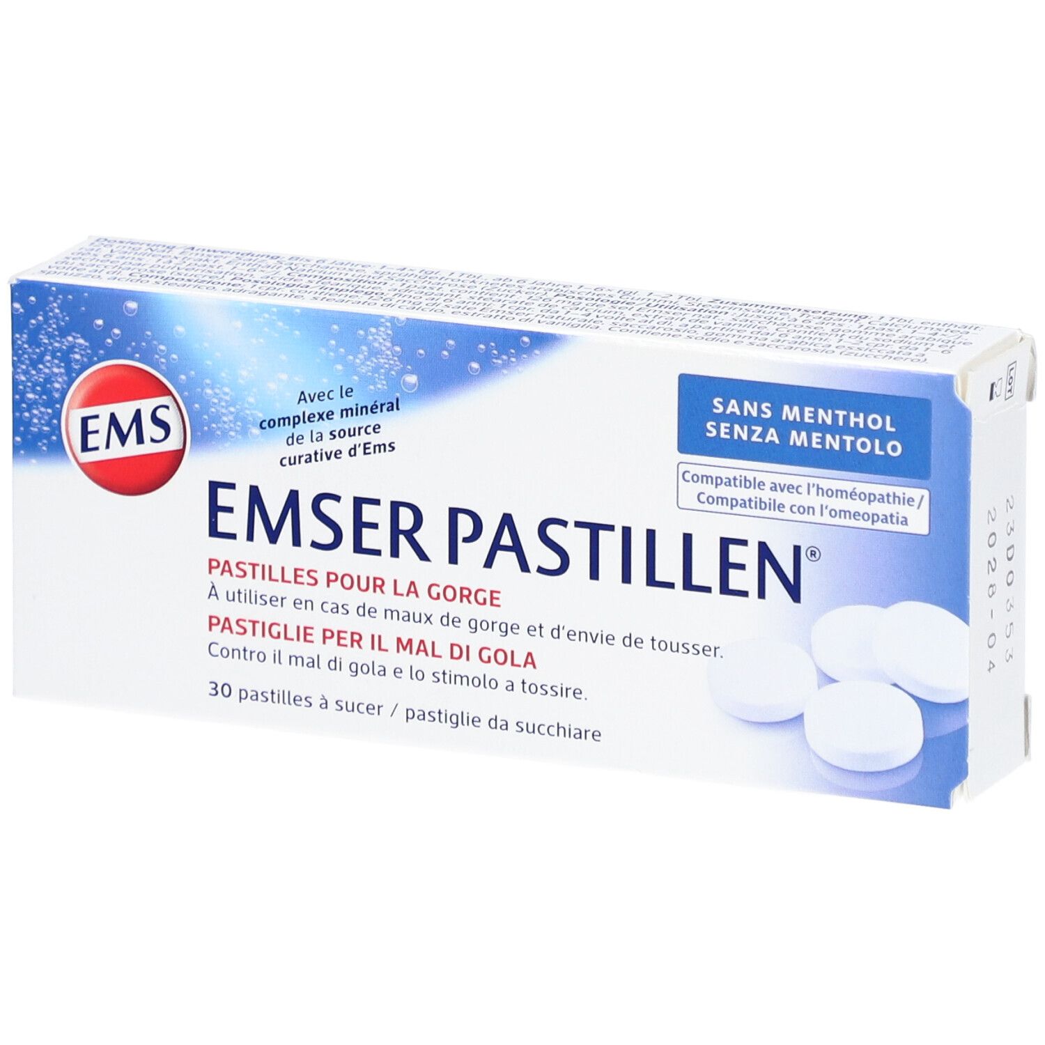 Doosje EMSER Pastillen. Opschrift: EMSER Pastillen, zonder menthol, voor keel en hoest. 30 pastilles.