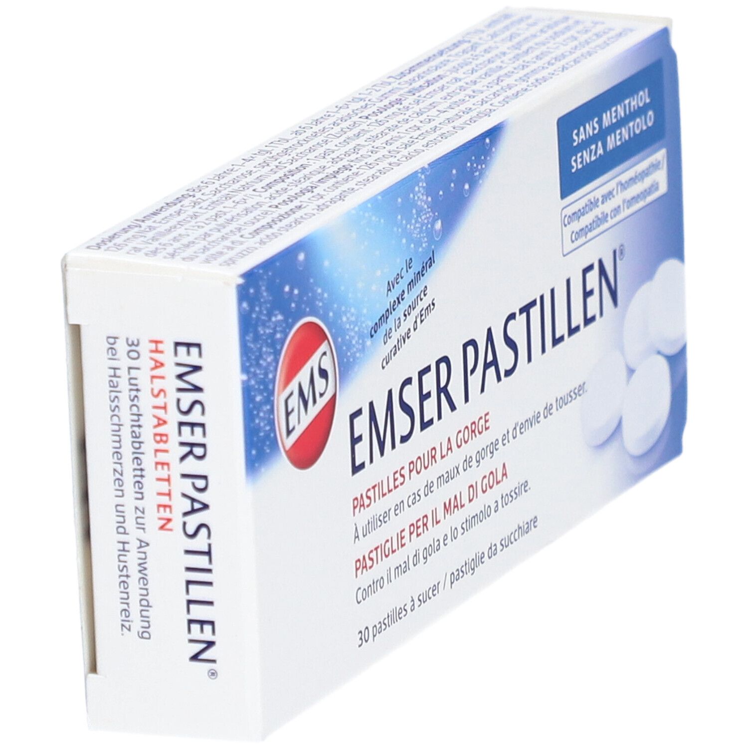Doosje EMSER Pastillen, schuin. Opschrift: EMSER Pastillen, zonder menthol, voor keel en hoest. 30 pastilles.