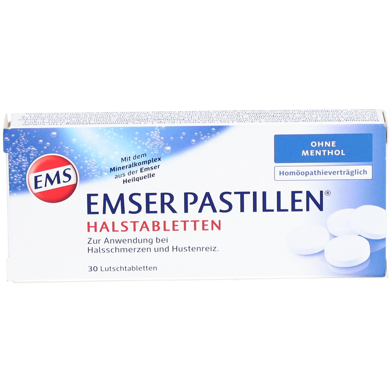 Doosje EMSER Pastillen. Opschrift: EMSER Pastillen Halstabletten, zonder menthol. 30 zuigtabletten.
