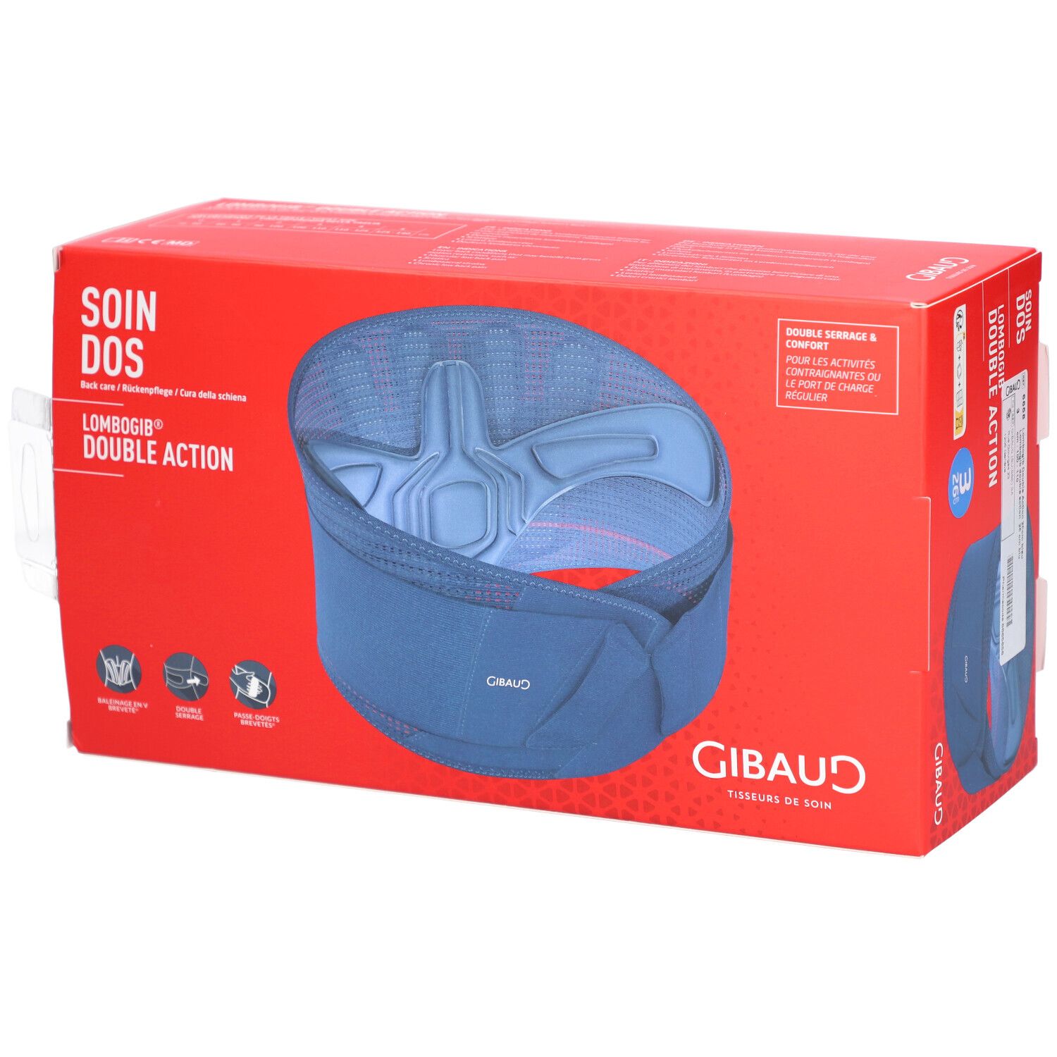 Boîte rouge avec GIBAUD Lombogib Double Act bleu. Texte: SOIN DOS, Lombogib Double Action. Vue du produit.