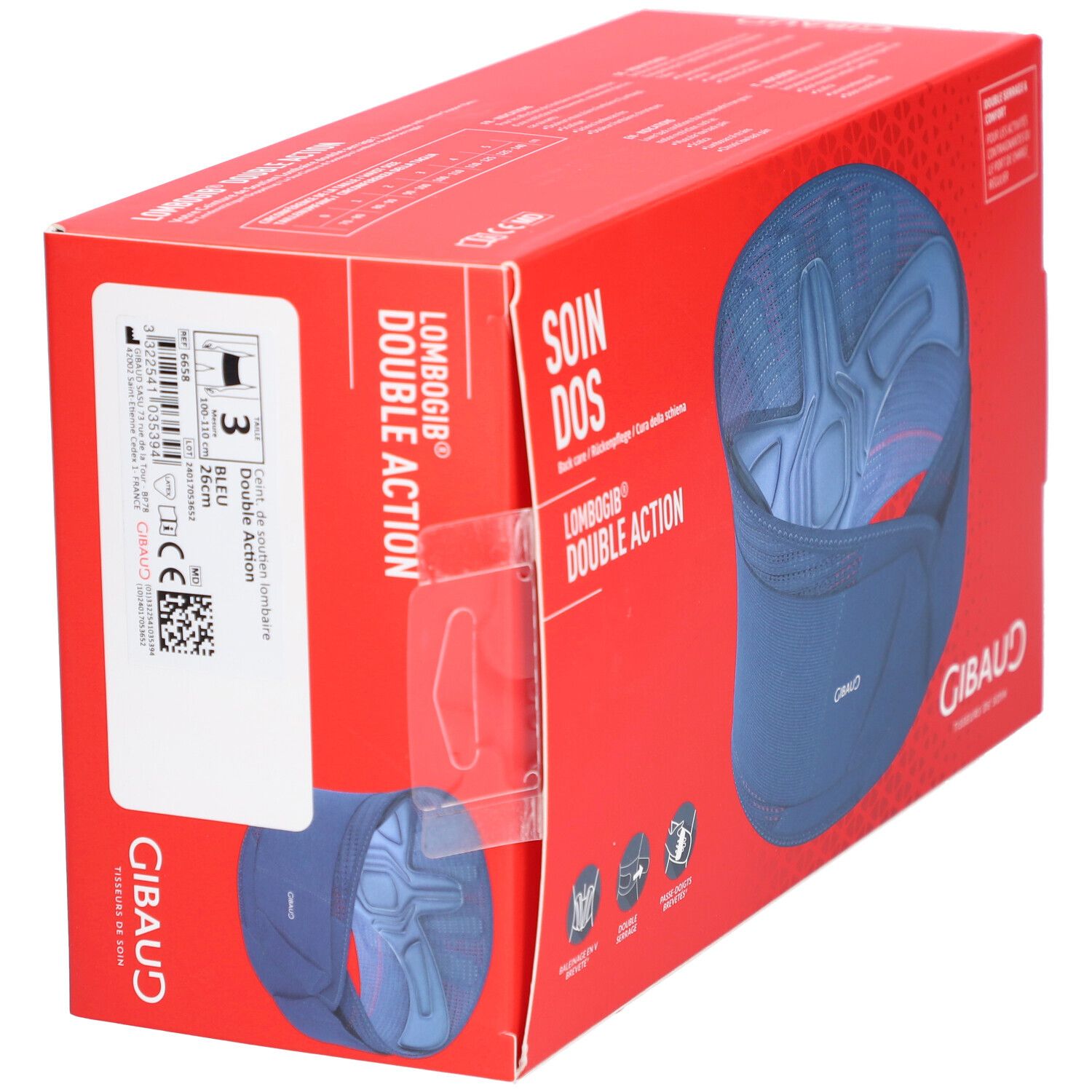 Boîte rouge avec GIBAUD Lombogib Double Act bleu. Texte: SOIN DOS, Lombogib Double Action. Vue du produit.