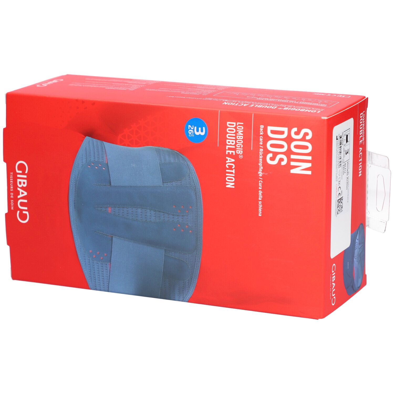 Boîte rouge avec GIBAUD Lombogib Double Act bleu. Texte: SOIN DOS, Lombogib Double Action. Vue du produit.