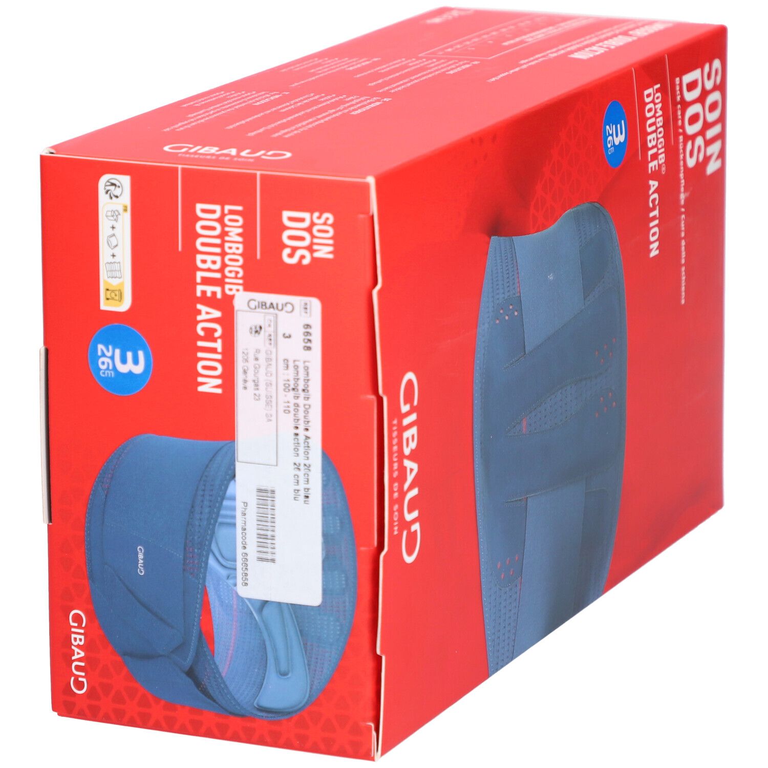 Boîte rouge avec GIBAUD Lombogib Double Act bleu. Texte: SOIN DOS, Lombogib Double Action. Vue du produit.