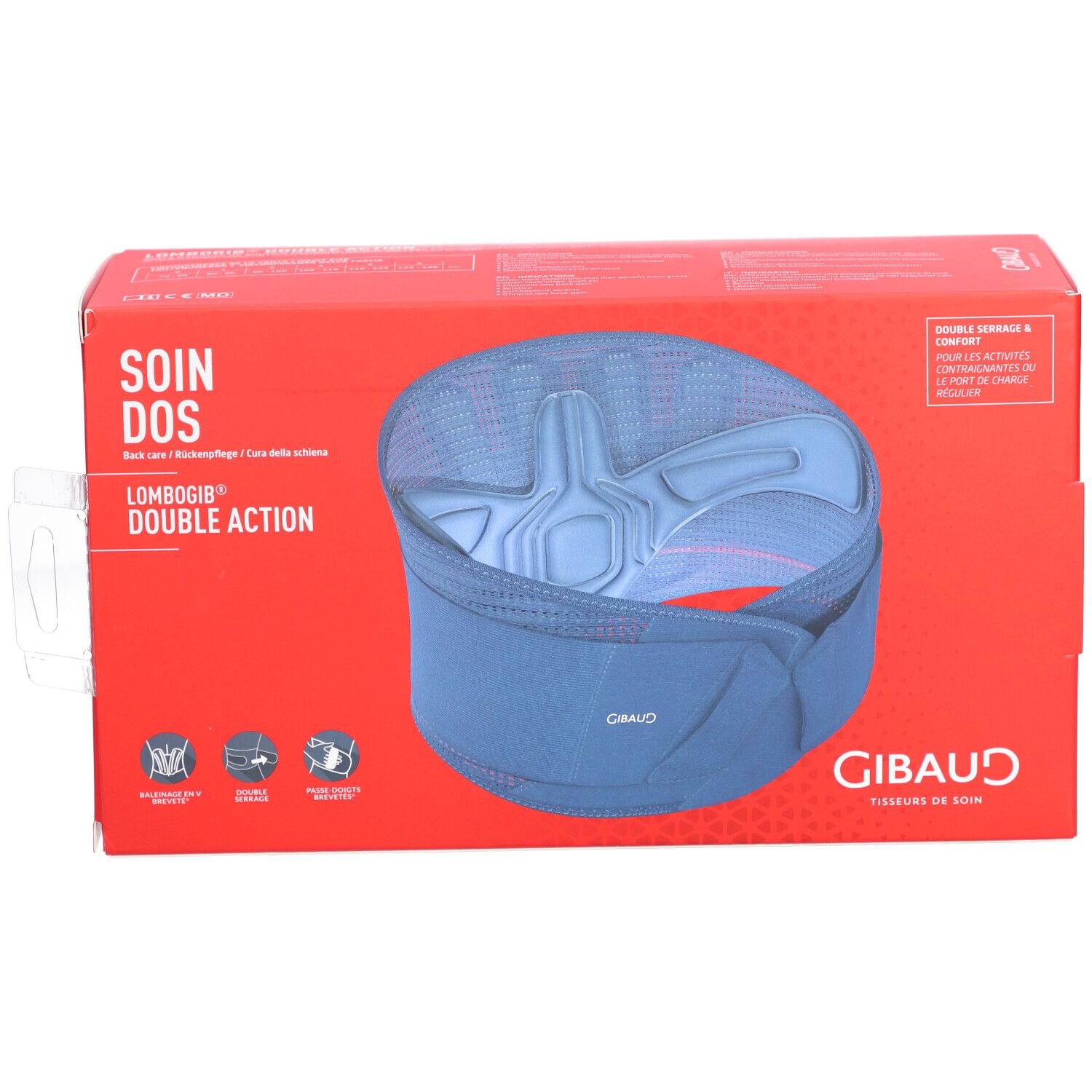 Boîte rouge avec GIBAUD Lombogib Double Act bleu. Texte: SOIN DOS, Lombogib Double Action. Vue du produit.