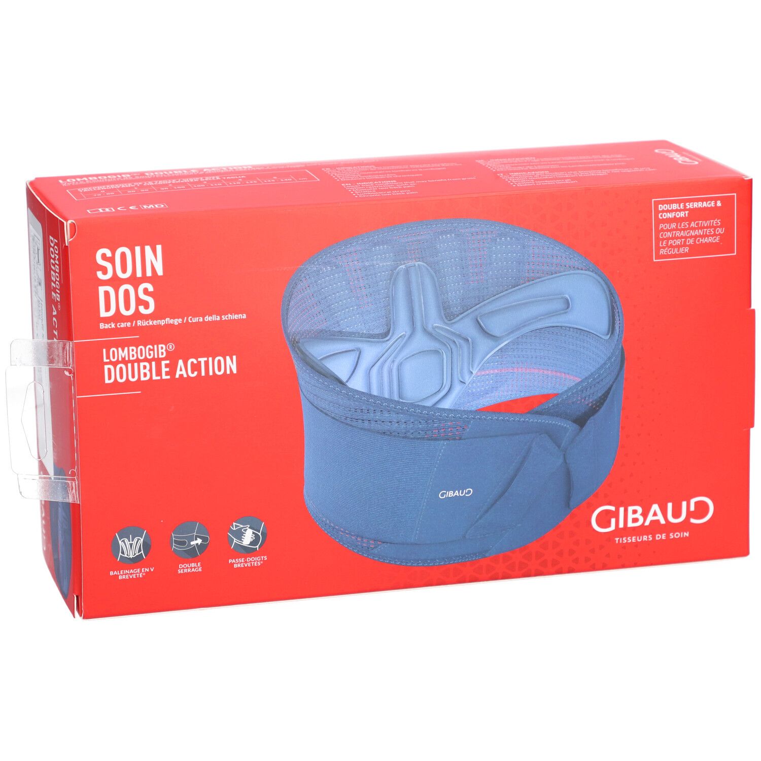 Boîte rouge avec GIBAUD Lombogib Double Act bleu. Texte: SOIN DOS, Lombogib Double Action. Vue du produit.