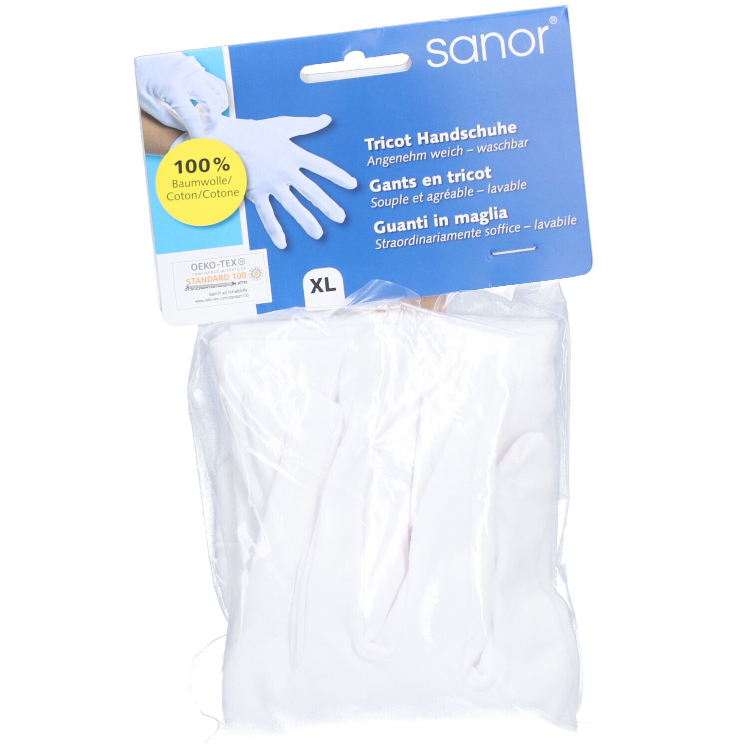 Witte SANOR Tricot Handschoenen XL in plastic verpakking. Op de verpakking: productnaam, katoen-aanduiding, OEKO-TEX-certificering.