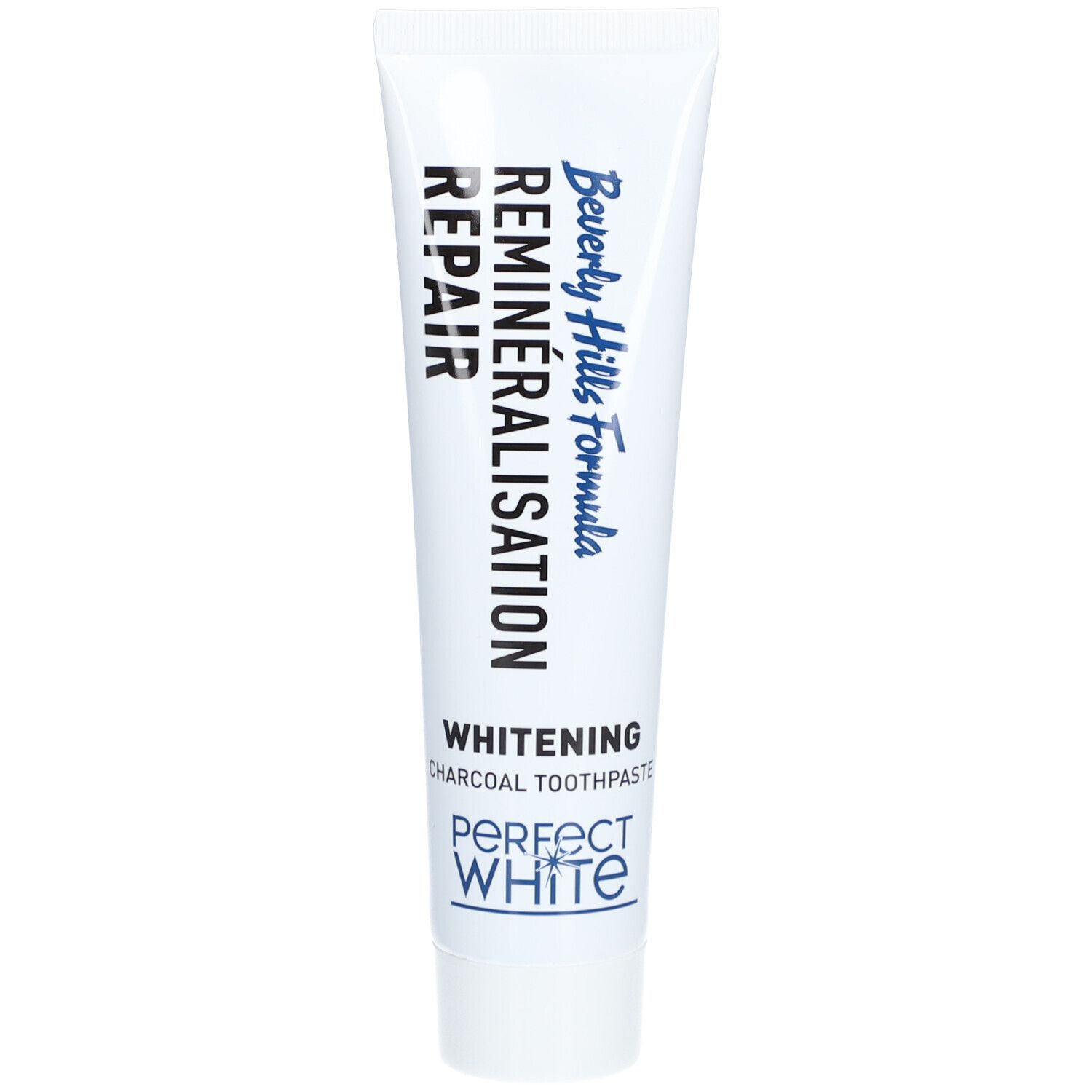 Tube de dentifrice blanc avec texte bleu et noir. Inscription: REMINERALISATION REPAIR, Whitening, Perfect White.