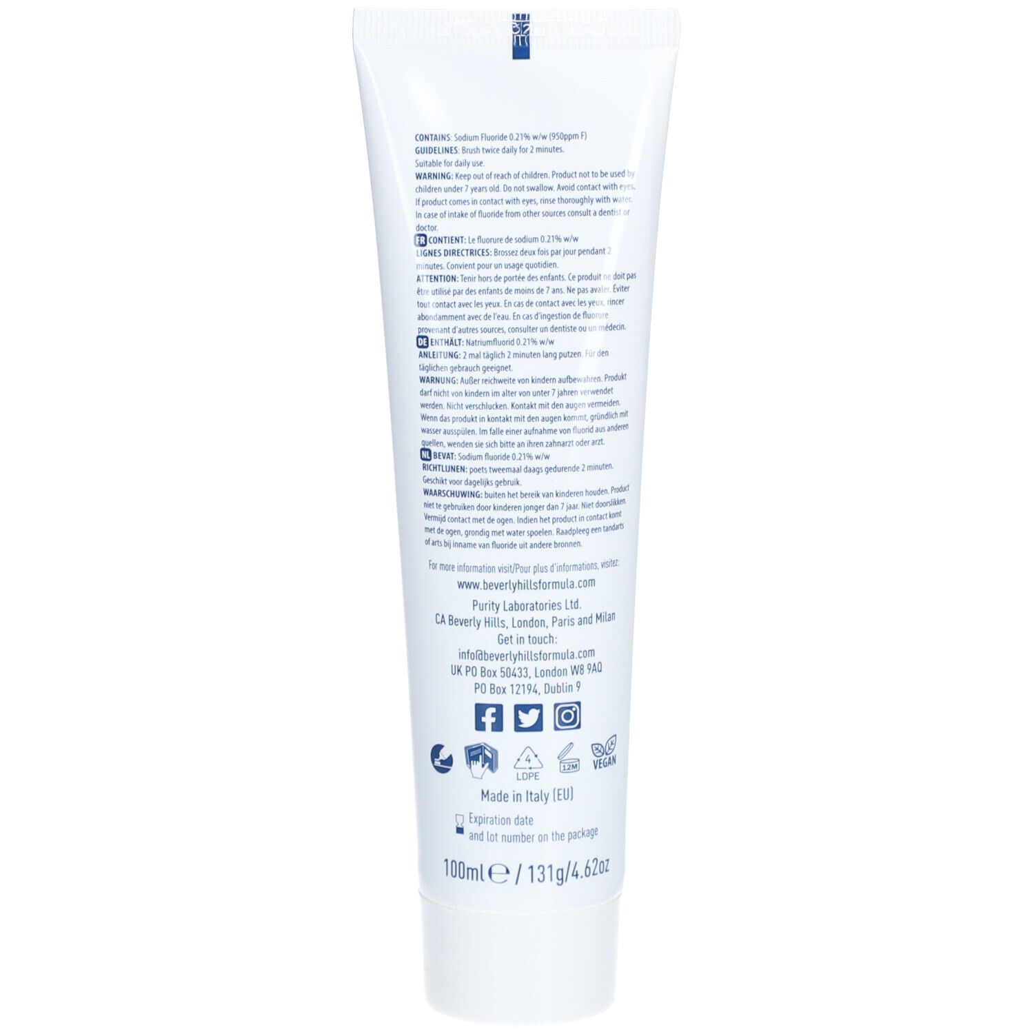 Dos du tube de dentifrice avec texte multilingue. Contient des informations sur les ingrédients et le fabricant.