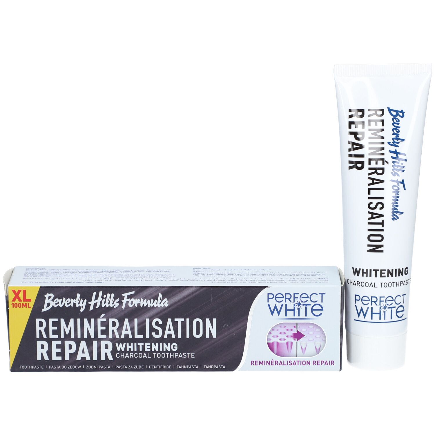 Tube de dentifrice et boîte. Boîte: noire, texte blanc. Inscription: REMINERALISATION REPAIR, Whitening, Perfect White.