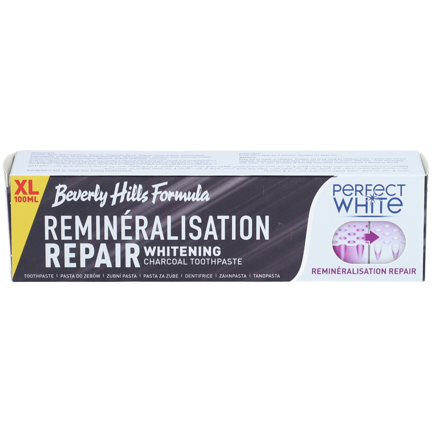 Boîte, noire avec texte blanc. Inscription: REMINERALISATION REPAIR, Whitening, Perfect White. Marque XL.