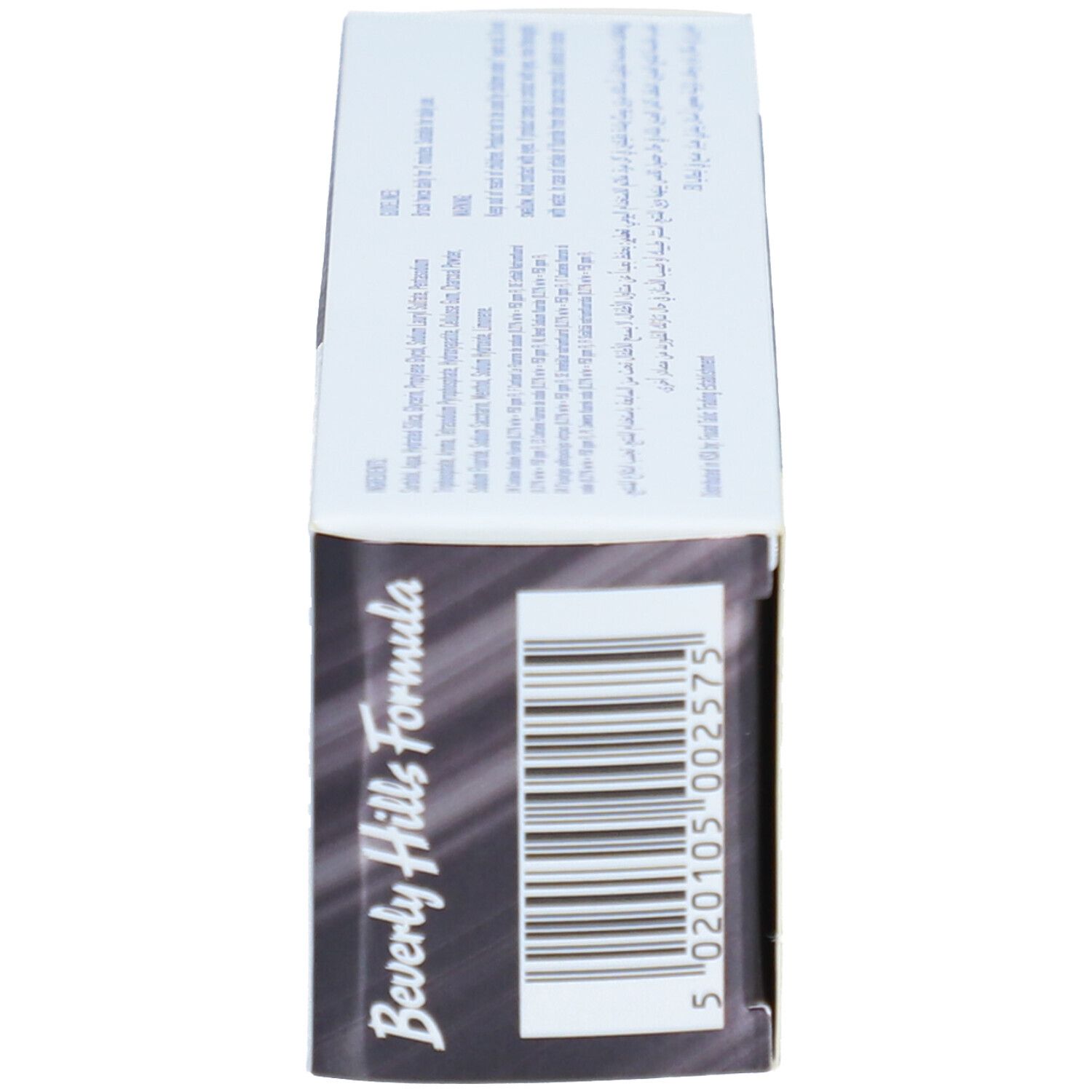 Vue latérale de la boîte. Fond noir, texte blanc. Inscription: Beverly Hills Formula.