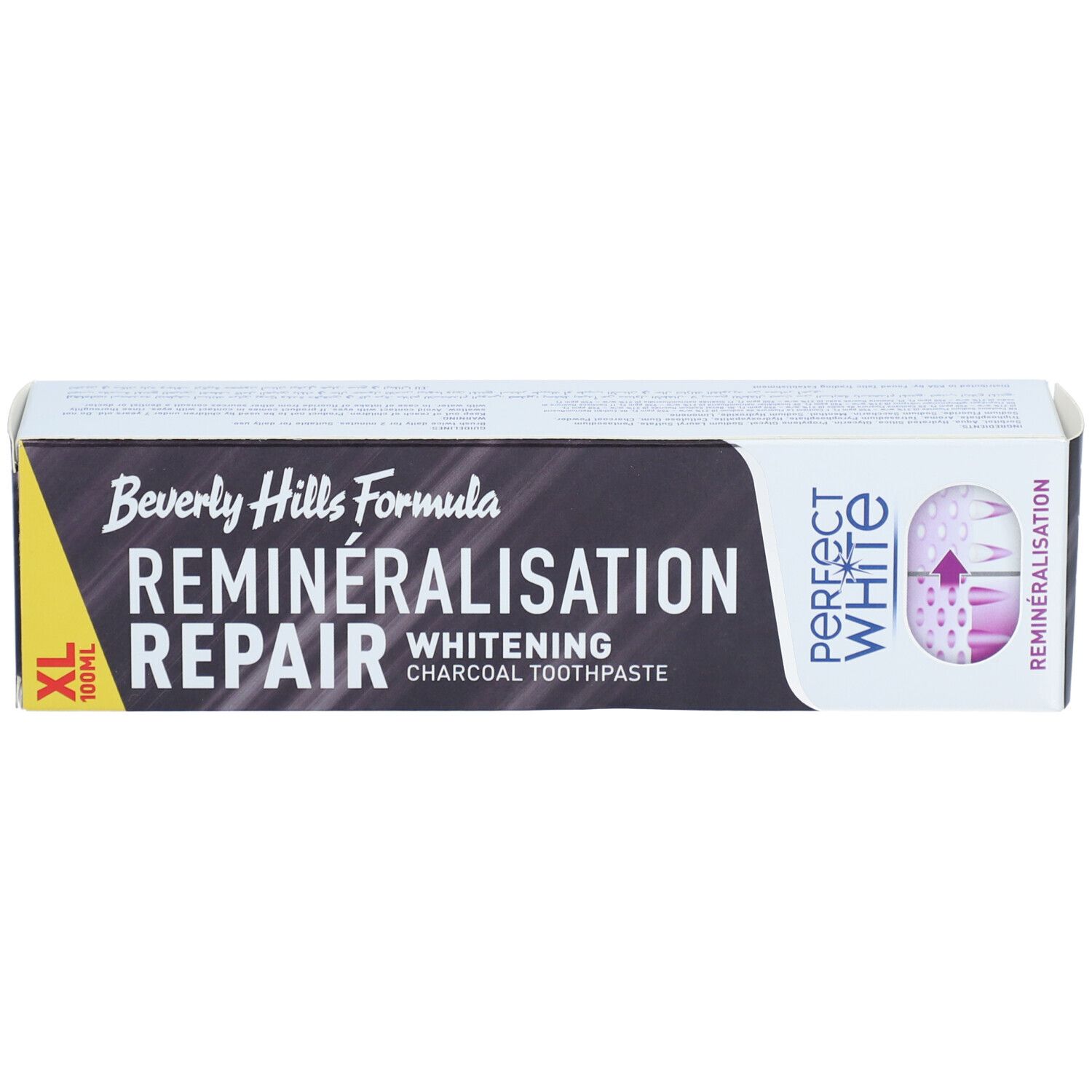 Boîte, noire avec texte blanc. Inscription: REMINERALISATION REPAIR, Whitening, Perfect White. Marque XL.