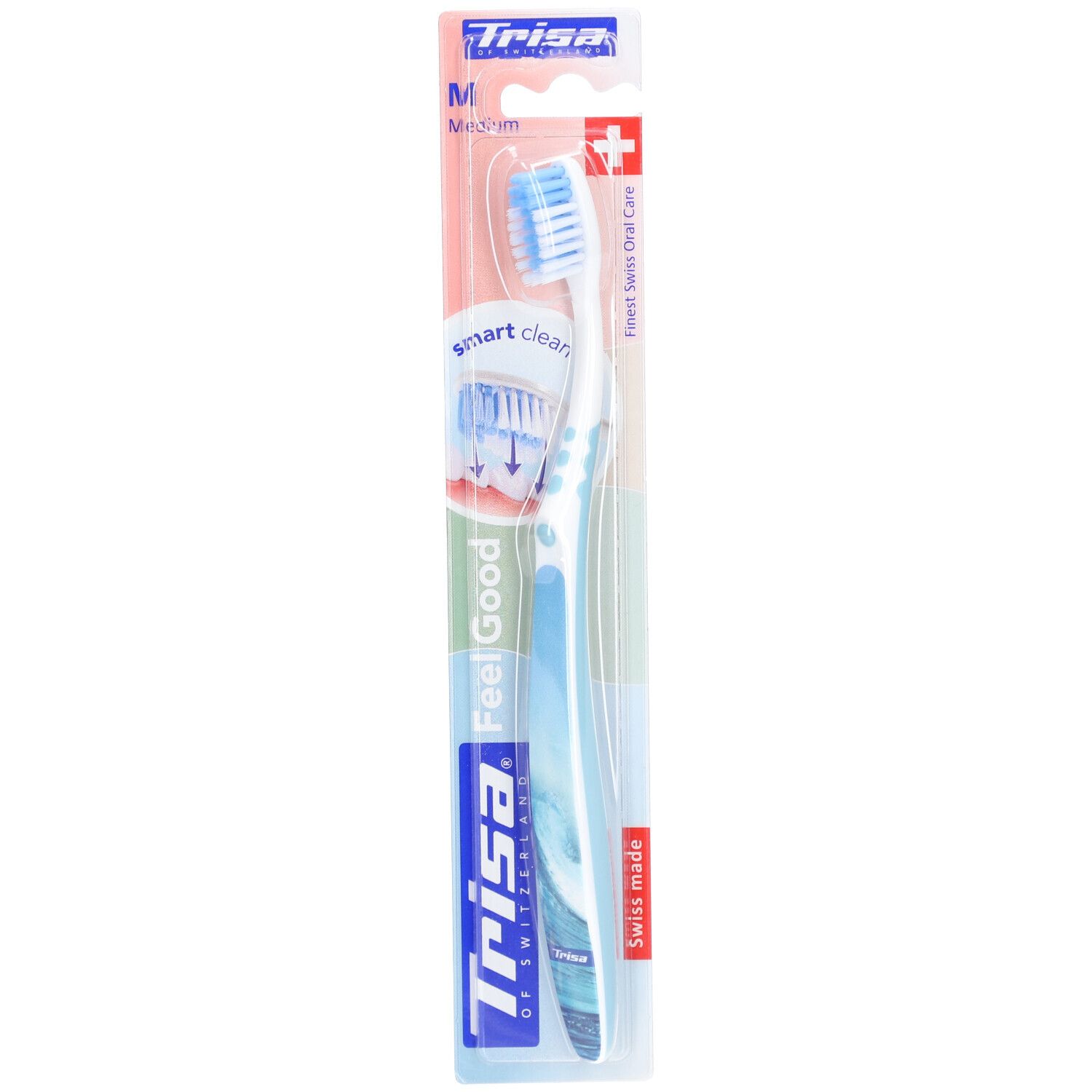 Brosse à dents Trisa Feel Good Medium, bleue et blanche. Emballage avec nom et logo visibles. "Swiss made".