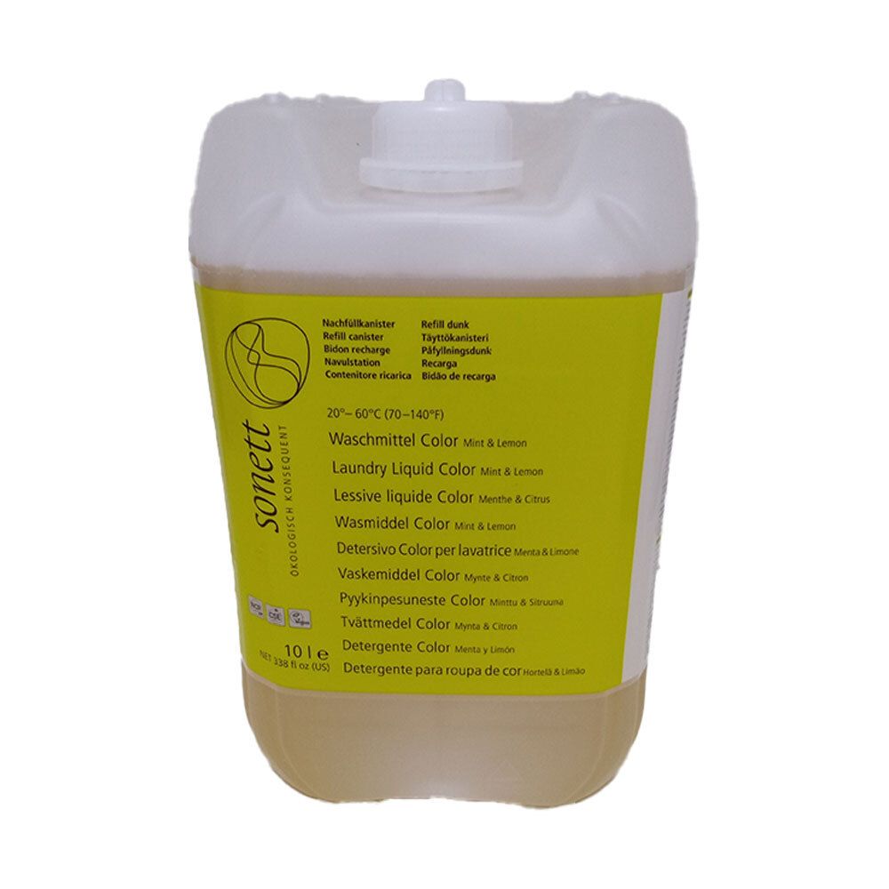 Wasmiddelcontainer. Gele vloeistof, witte dop. Etiket met productinformatie en Sonett-logo.